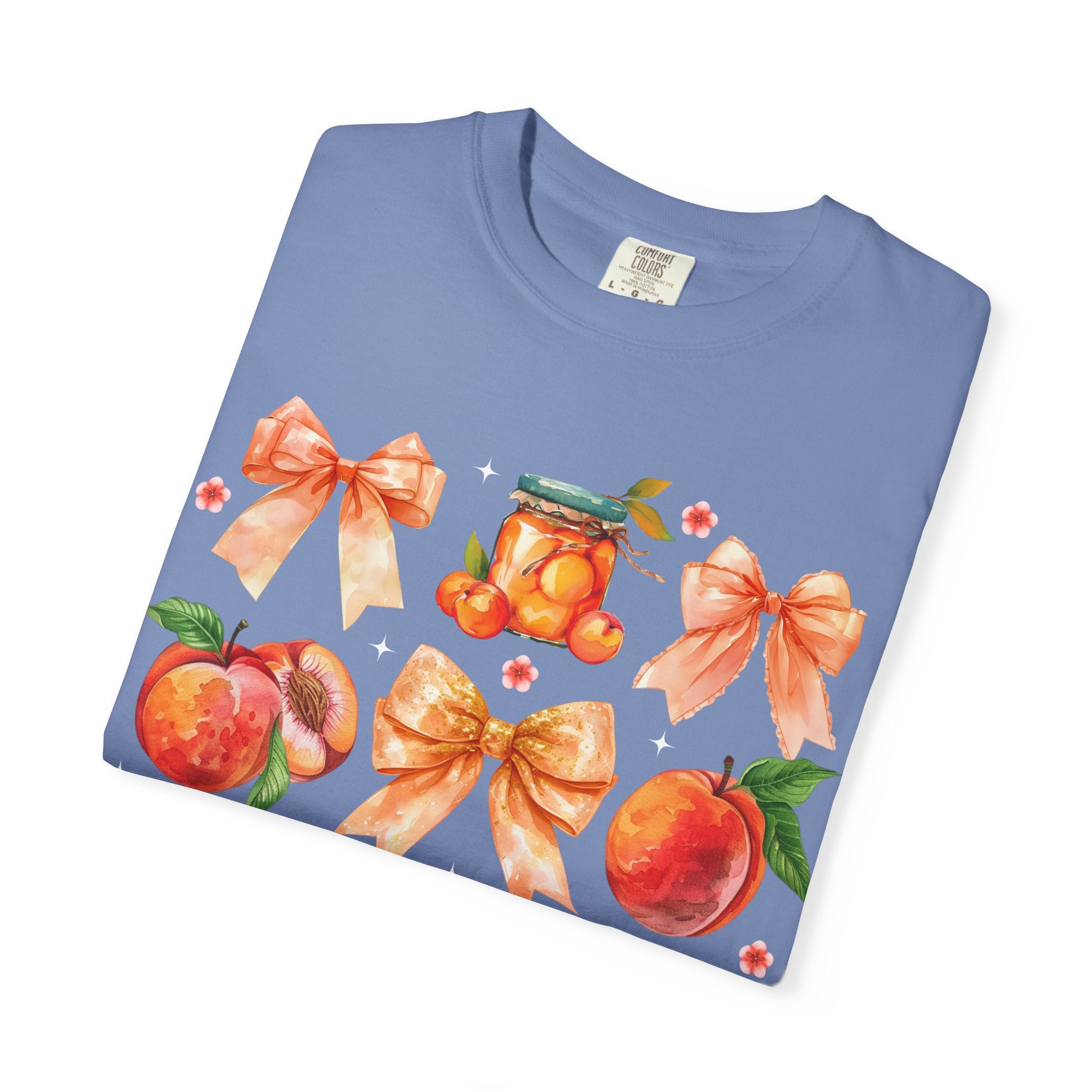 Peach & Bow Graphic T-Shirt — Watercolor Fruit Design
