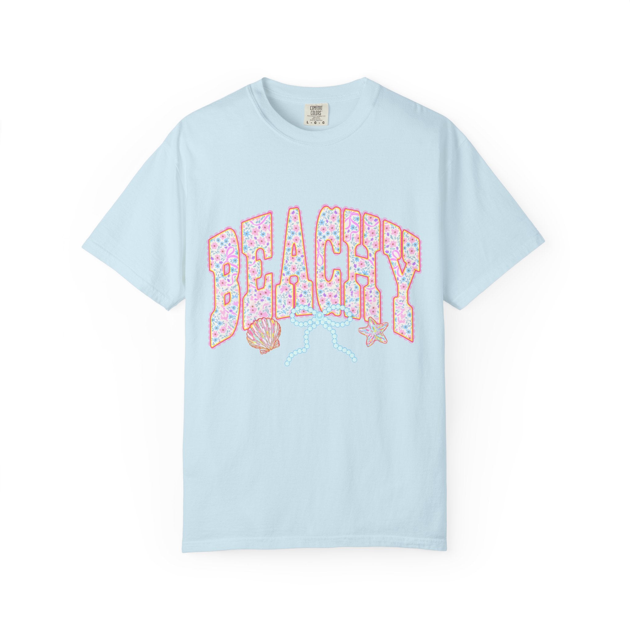 Beachy Floral Text T-Shirt | Seashells, Starfish, Pastel Retro Letters