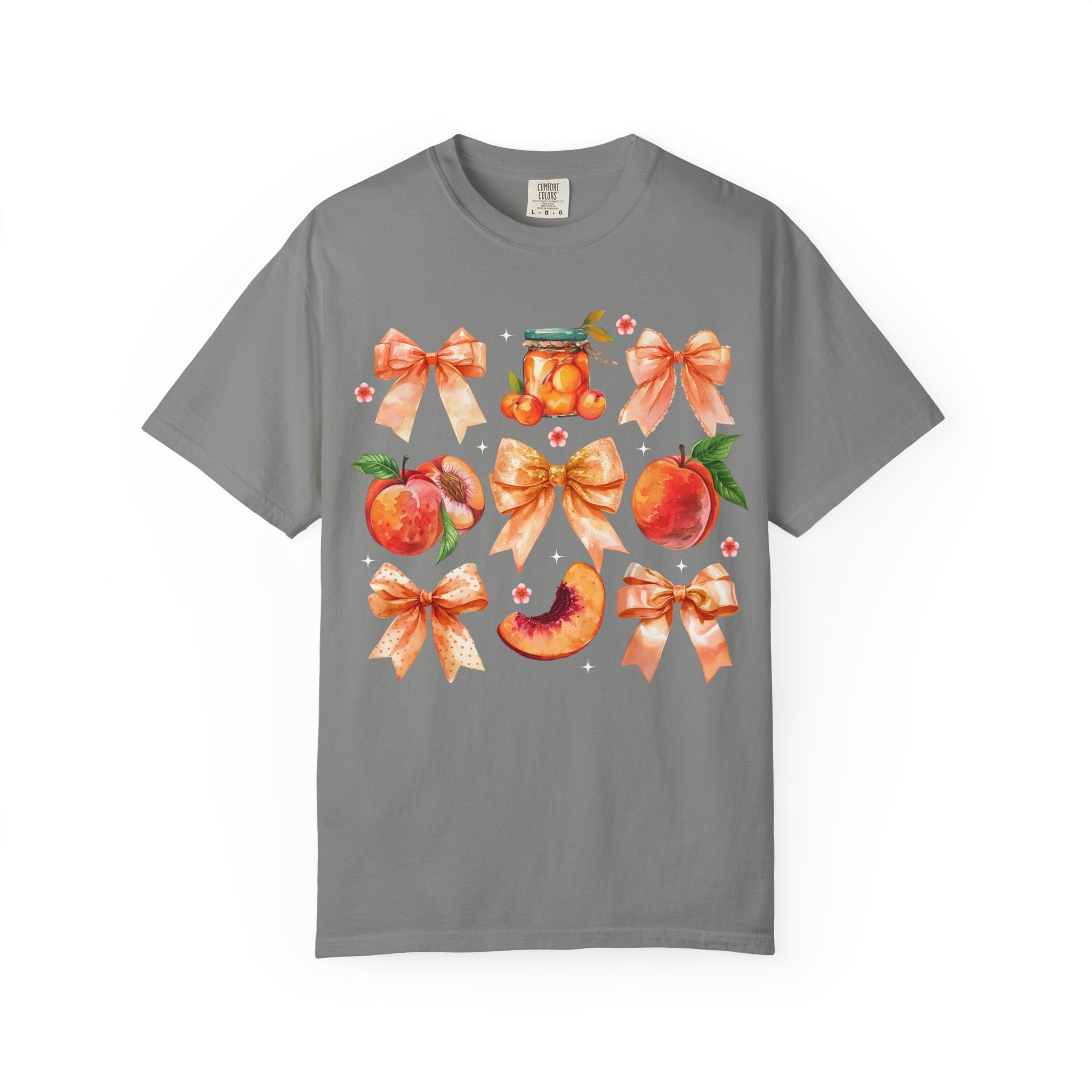 Peach & Bow Graphic T-Shirt — Watercolor Fruit Design
