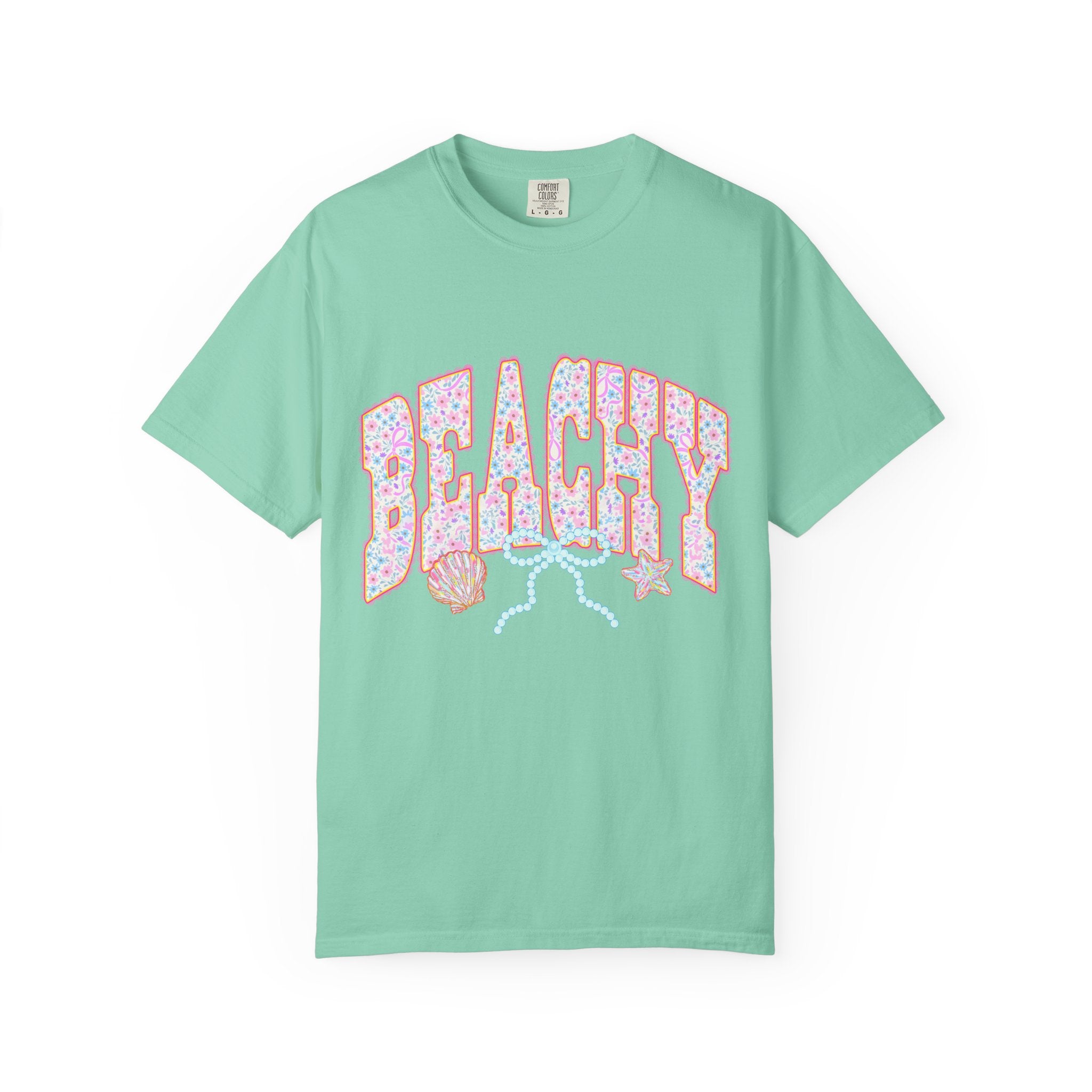 Beachy Floral Text T-Shirt | Seashells, Starfish, Pastel Retro Letters
