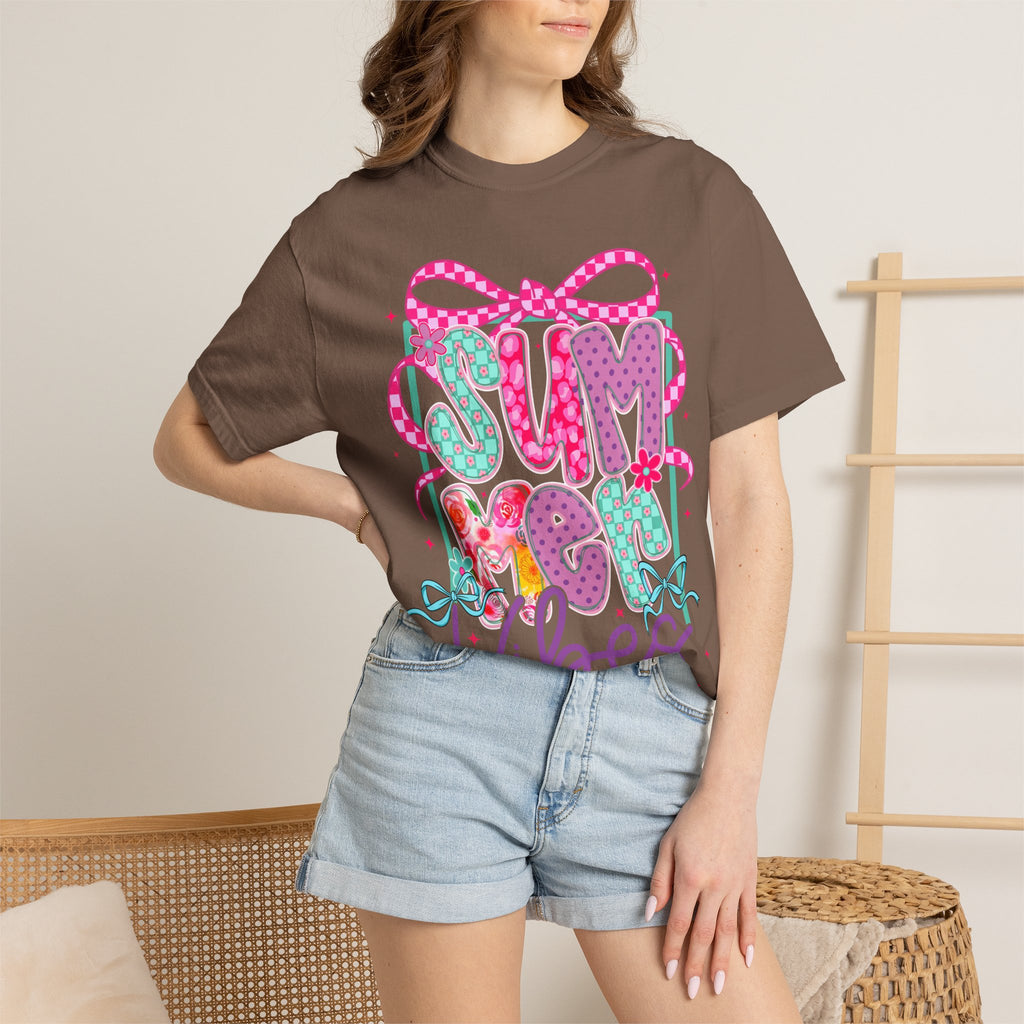 Summertime Vibes T-shirt | Colorful Floral Lettering, Bow & Ribbons