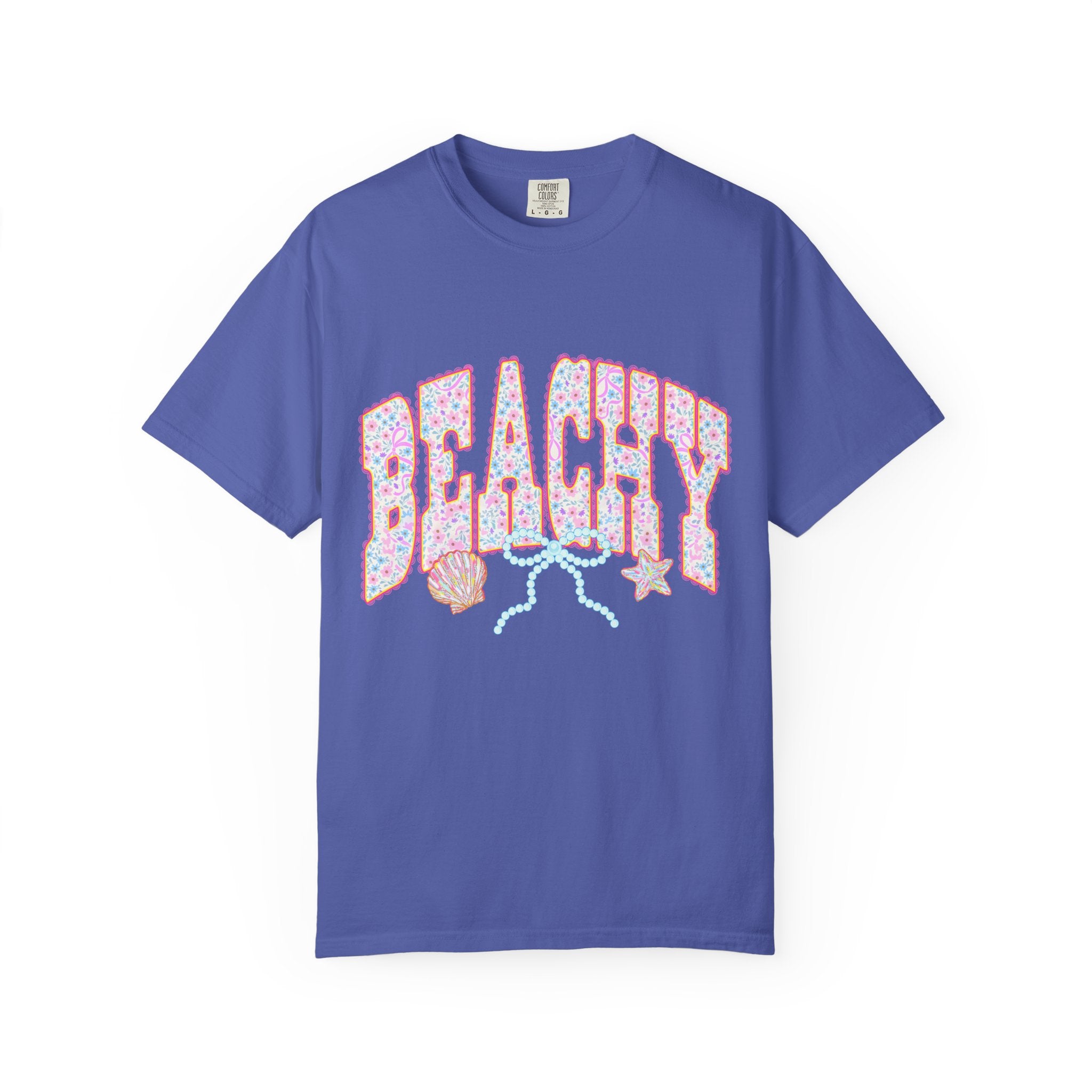 Beachy Floral Text T-Shirt | Seashells, Starfish, Pastel Retro Letters
