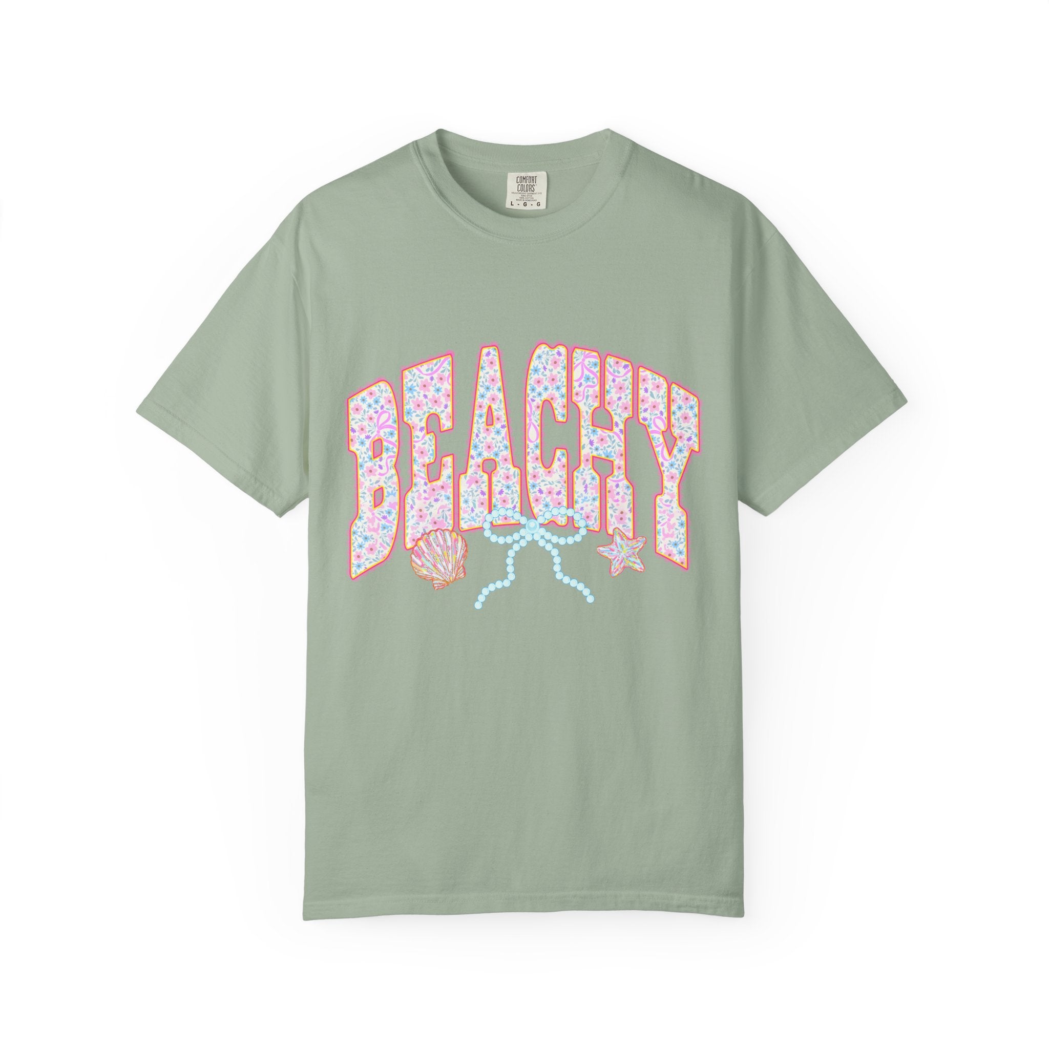 Beachy Floral Text T-Shirt | Seashells, Starfish, Pastel Retro Letters