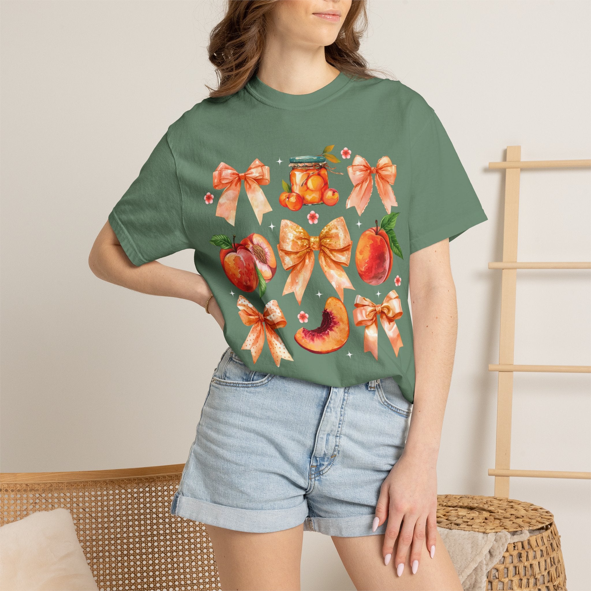 Peach & Bow Graphic T-Shirt — Watercolor Fruit Design