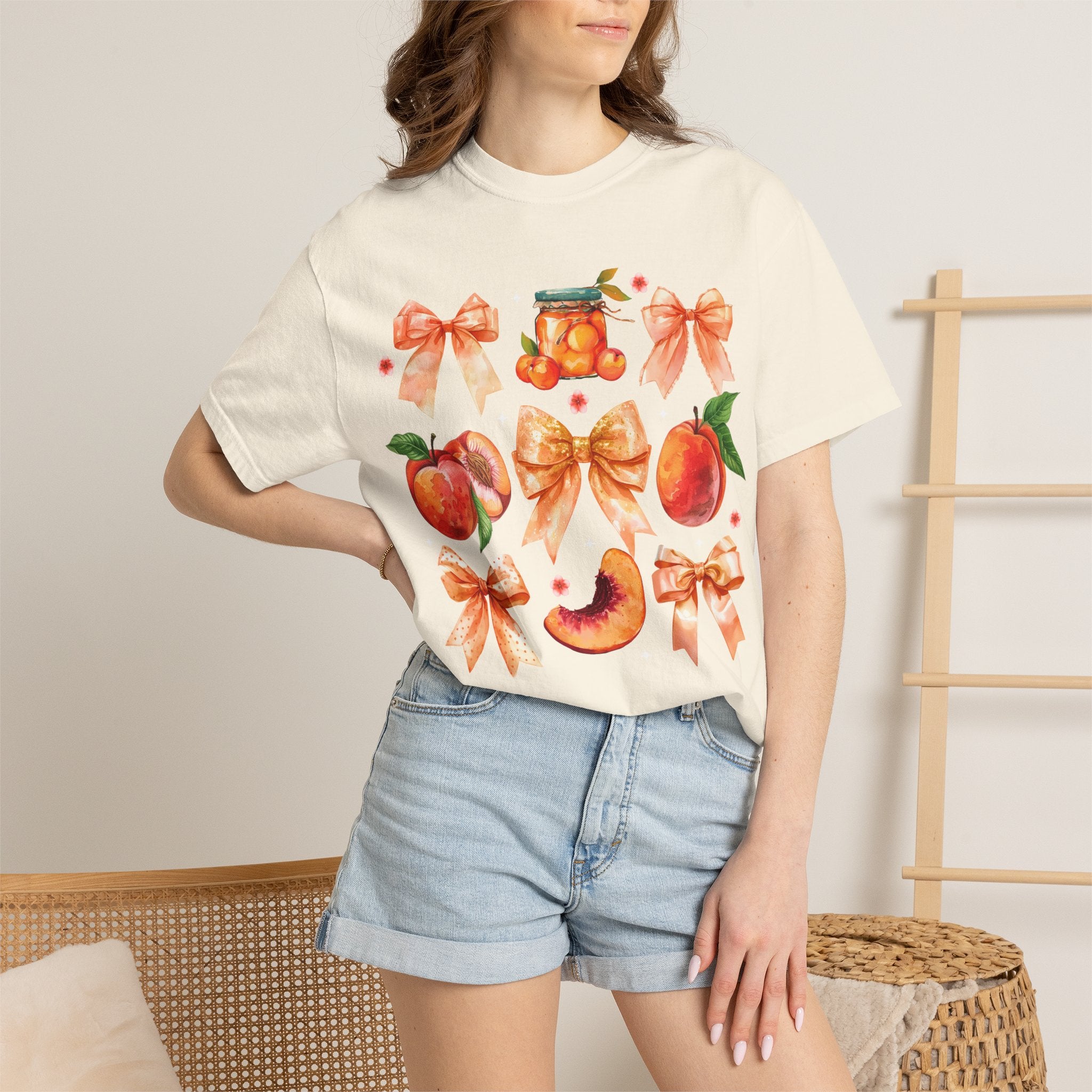 Peach & Bow Graphic T-Shirt — Watercolor Fruit Design