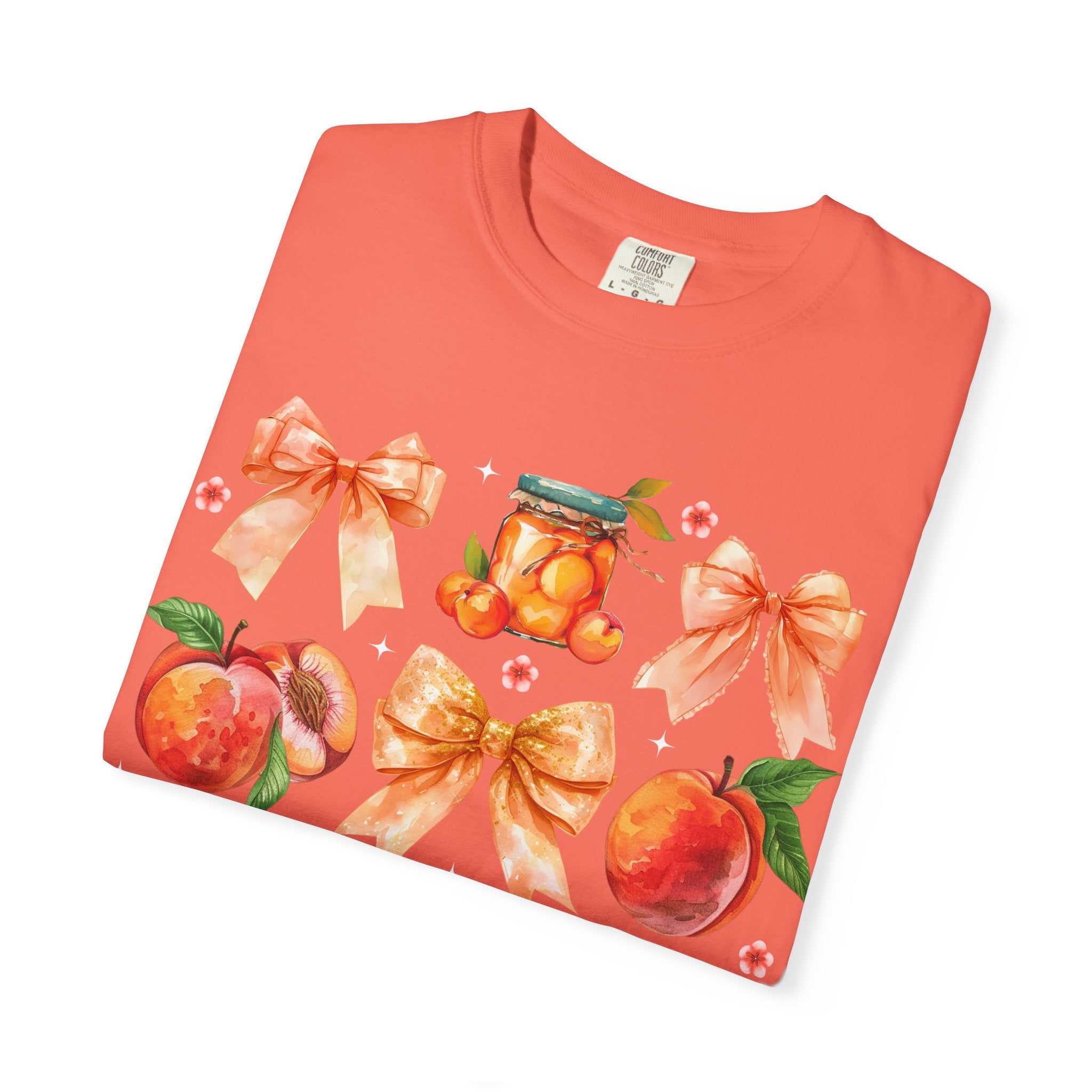 Peach & Bow Graphic T-Shirt — Watercolor Fruit Design