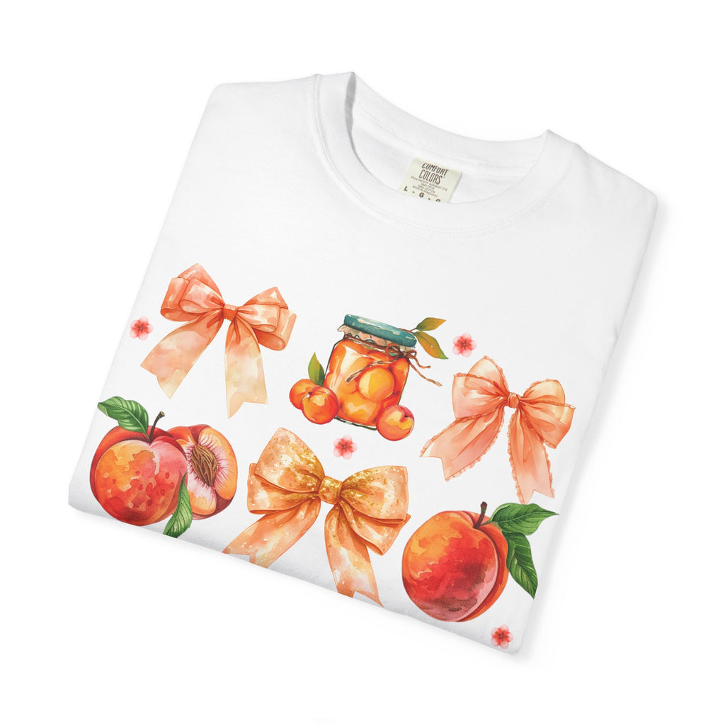 Peach & Bow Graphic T-Shirt — Watercolor Fruit Design