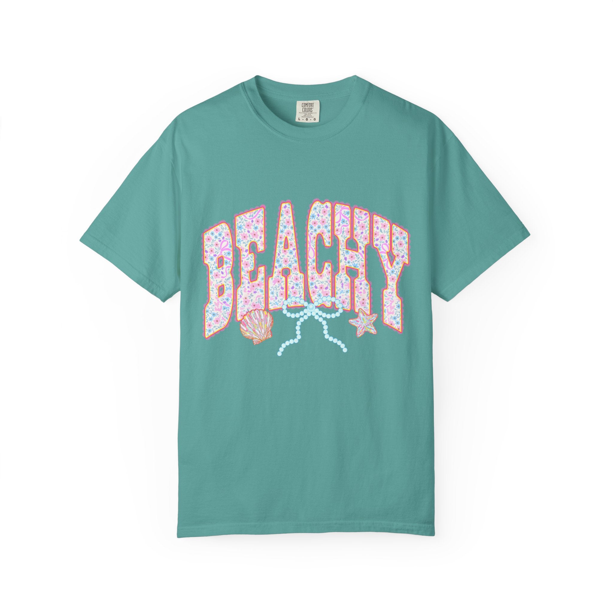Beachy Floral Text T-Shirt | Seashells, Starfish, Pastel Retro Letters