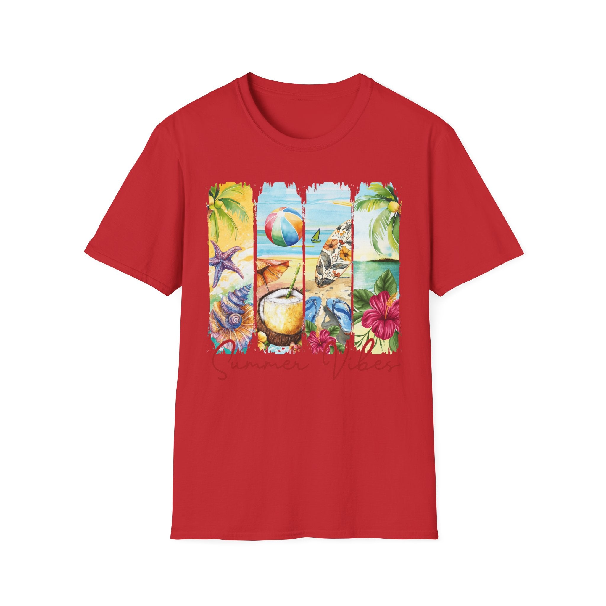 Summer Vibes Tropical Collage T-Shirt | Beach Ball, Seashells, Hibiscus