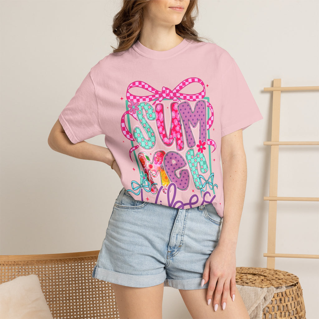 Summertime Vibes T-shirt | Colorful Floral Lettering, Bow & Ribbons