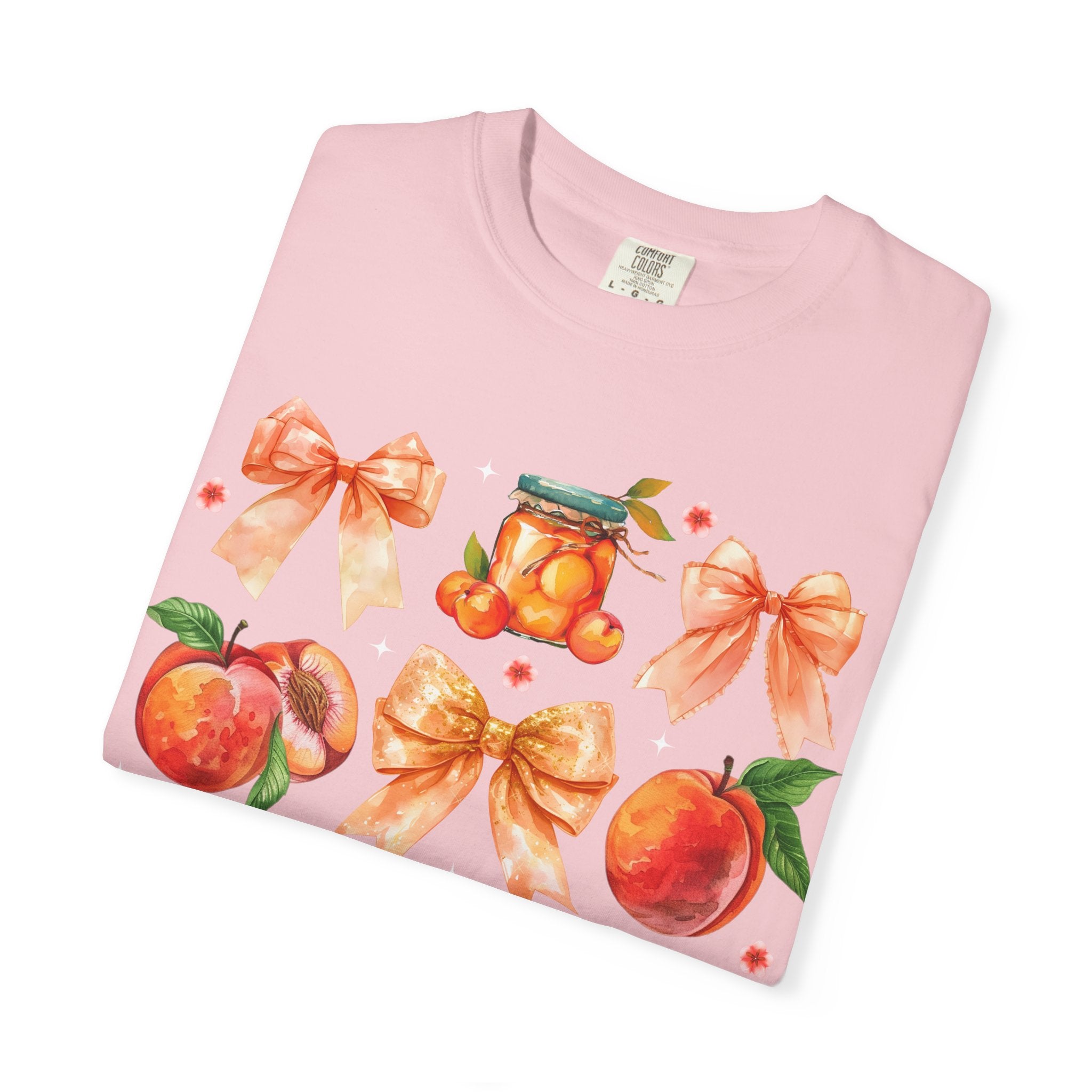 Peach & Bow Graphic T-Shirt — Watercolor Fruit Design