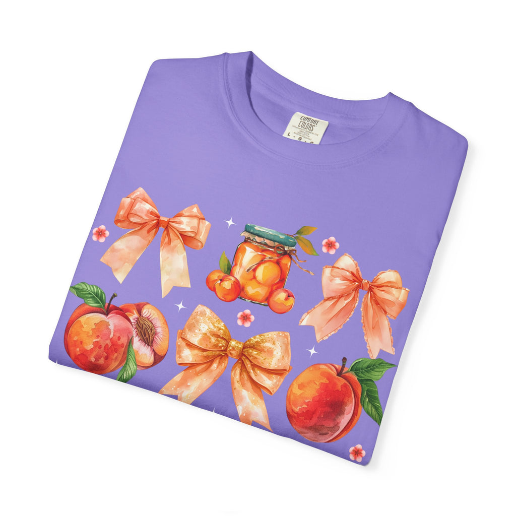 Peach & Bow Graphic T-Shirt — Watercolor Fruit Design