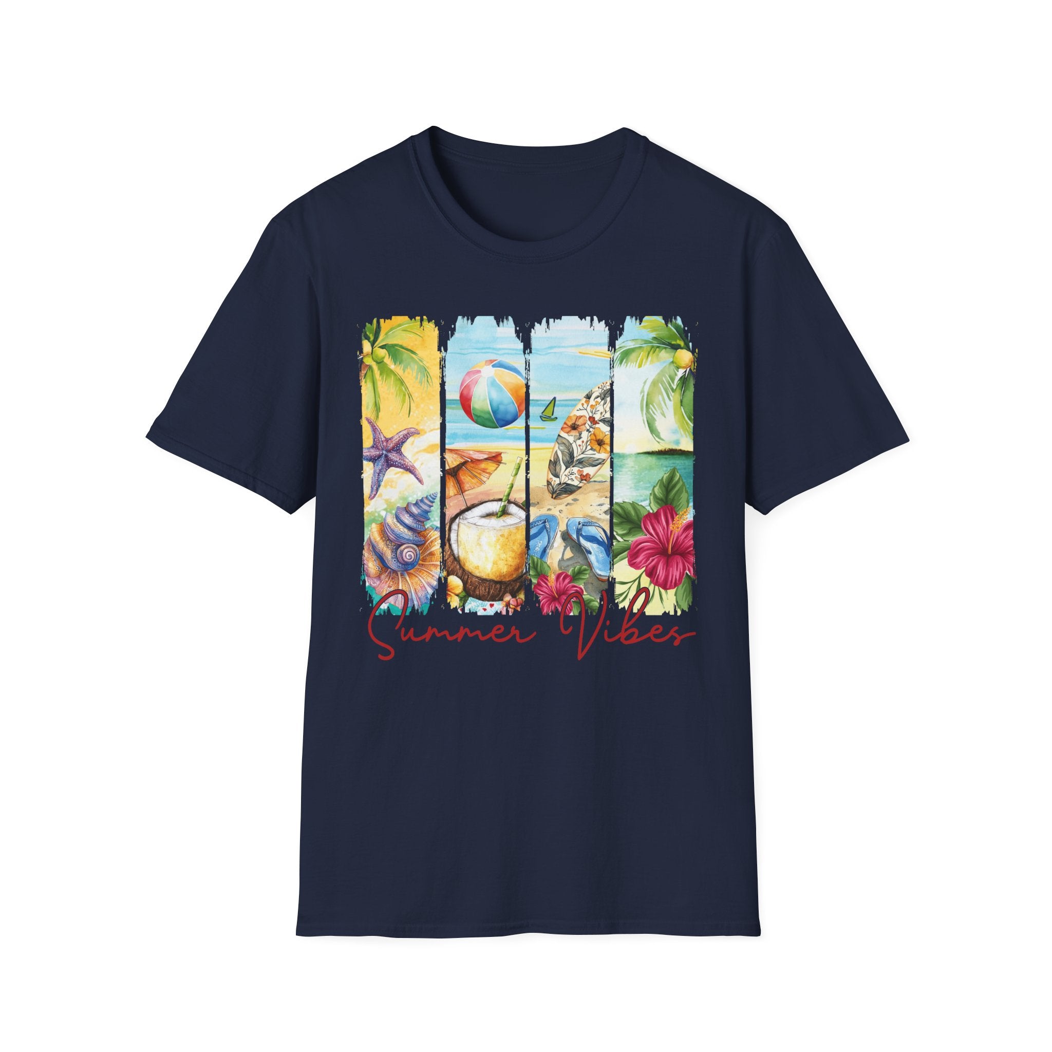 Summer Vibes Tropical Collage T-Shirt | Beach Ball, Seashells, Hibiscus