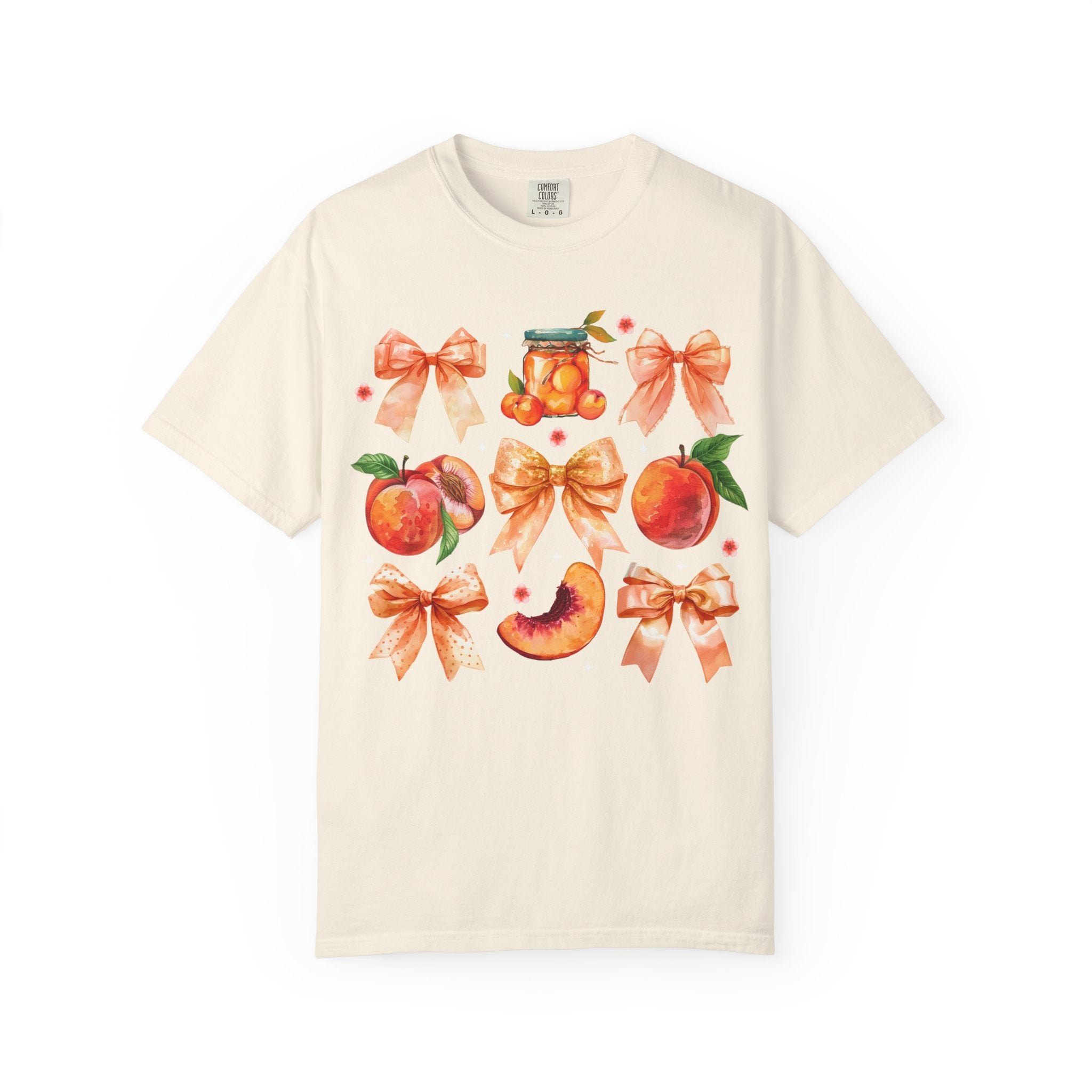 Peach & Bow Graphic T-Shirt — Watercolor Fruit Design