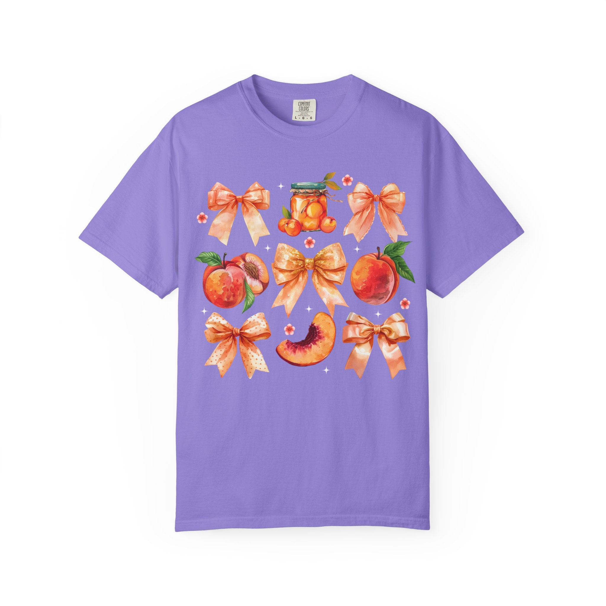 Peach & Bow Graphic T-Shirt — Watercolor Fruit Design