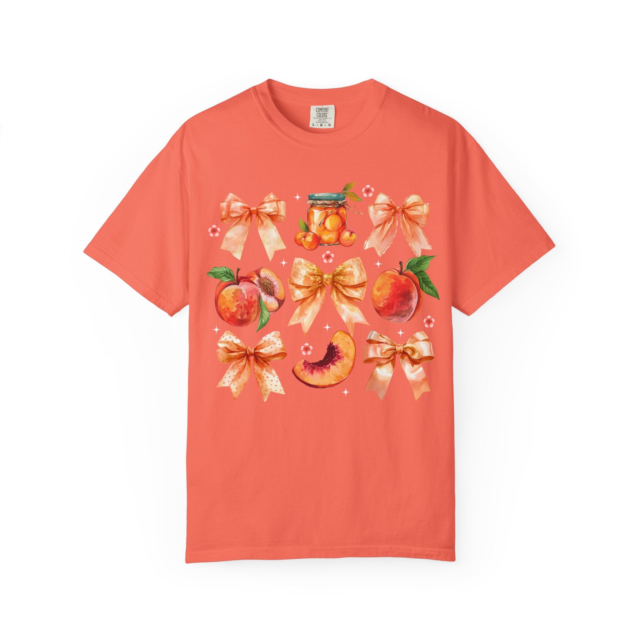 Peach & Bow Graphic T-Shirt — Watercolor Fruit Design