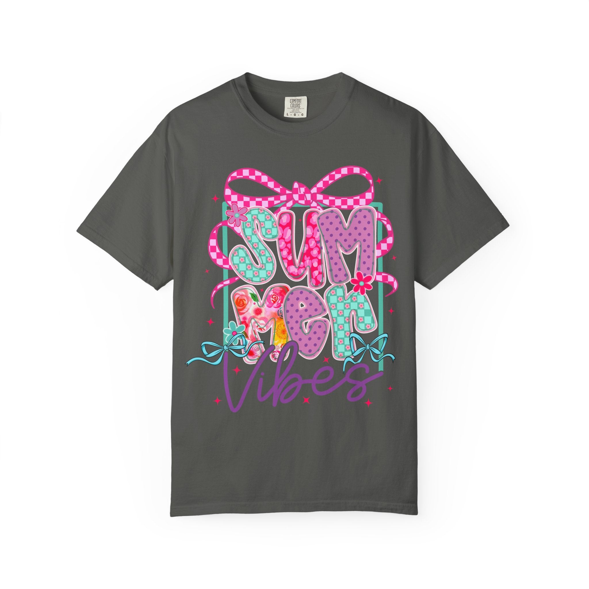 Summertime Vibes T-shirt | Colorful Floral Lettering, Bow & Ribbons