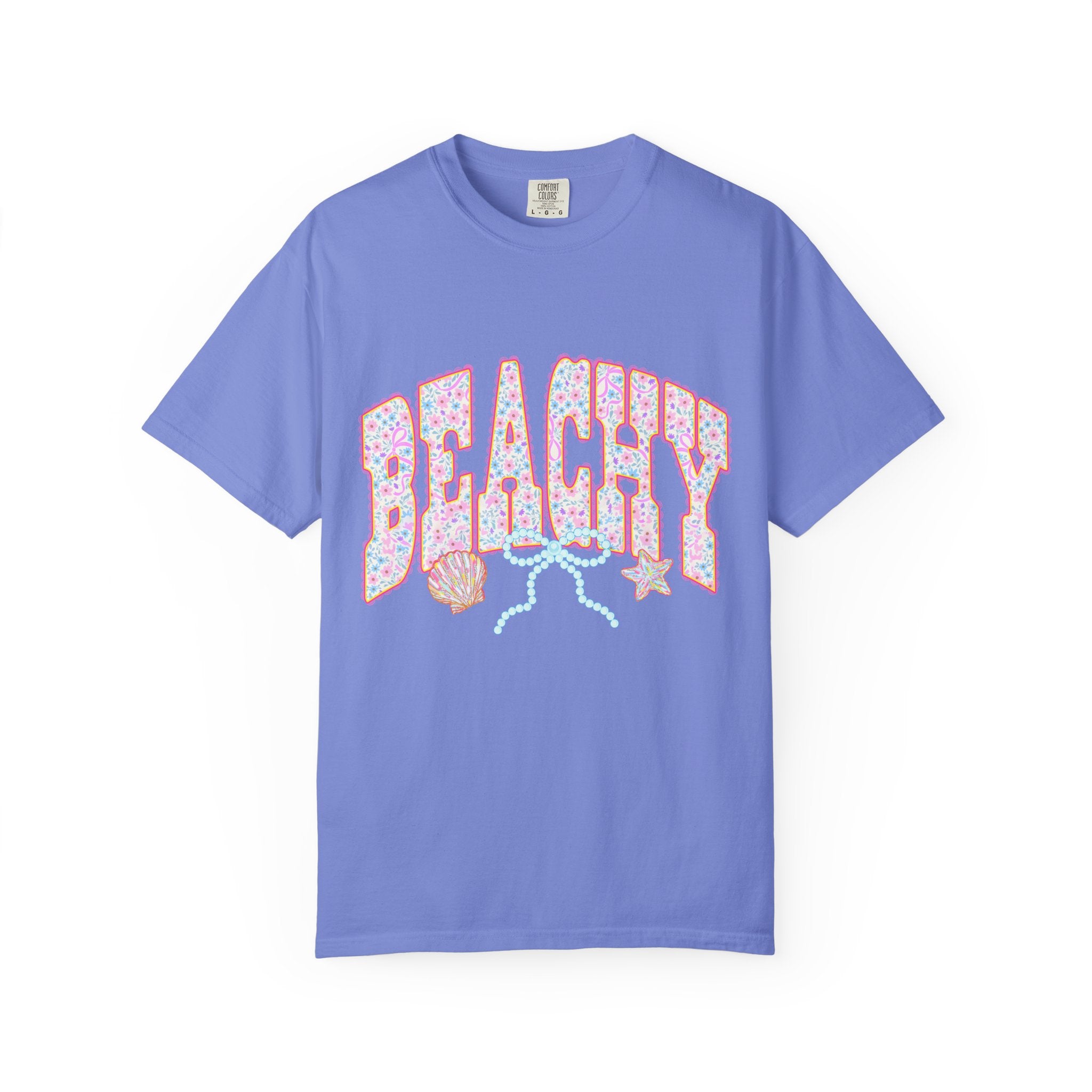 Beachy Floral Text T-Shirt | Seashells, Starfish, Pastel Retro Letters