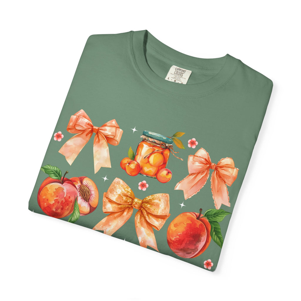 Peach & Bow Graphic T-Shirt — Watercolor Fruit Design