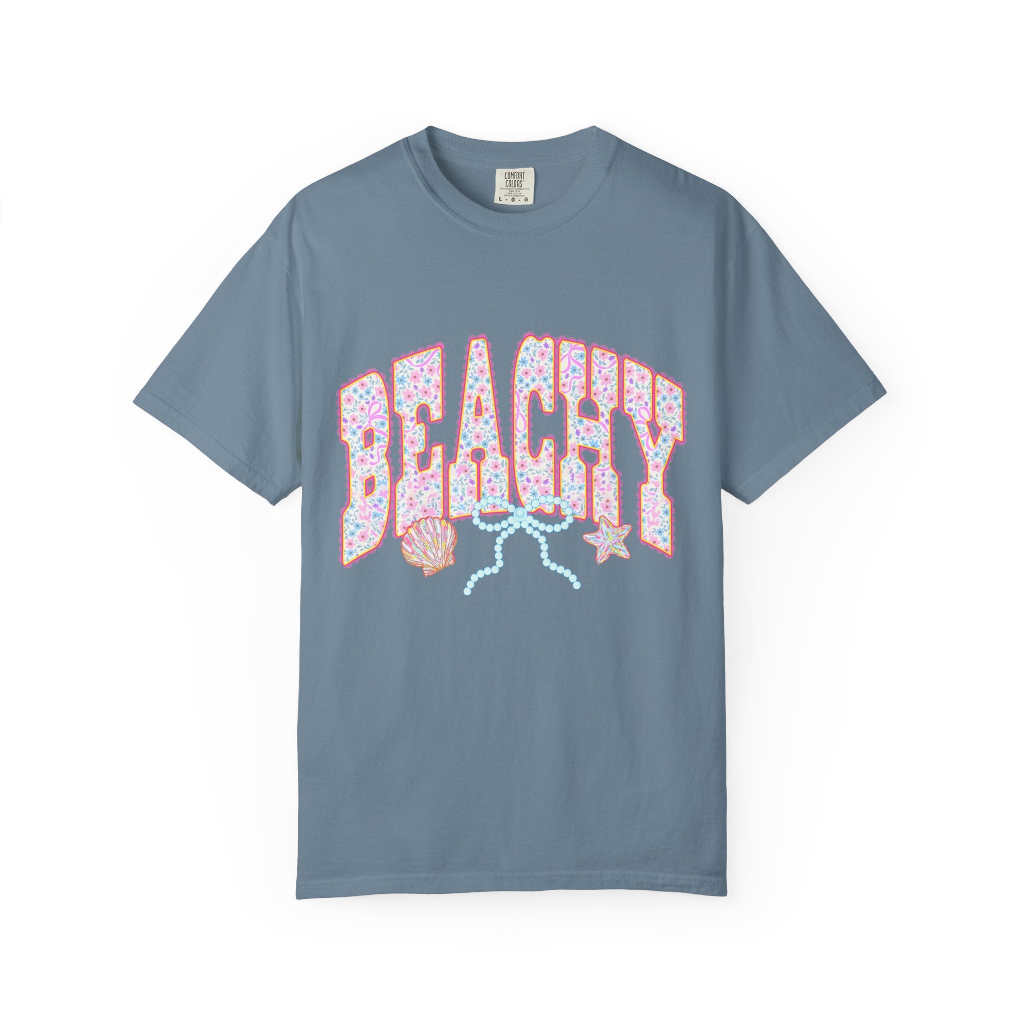 Beachy Floral Text T-Shirt | Seashells, Starfish, Pastel Retro Letters