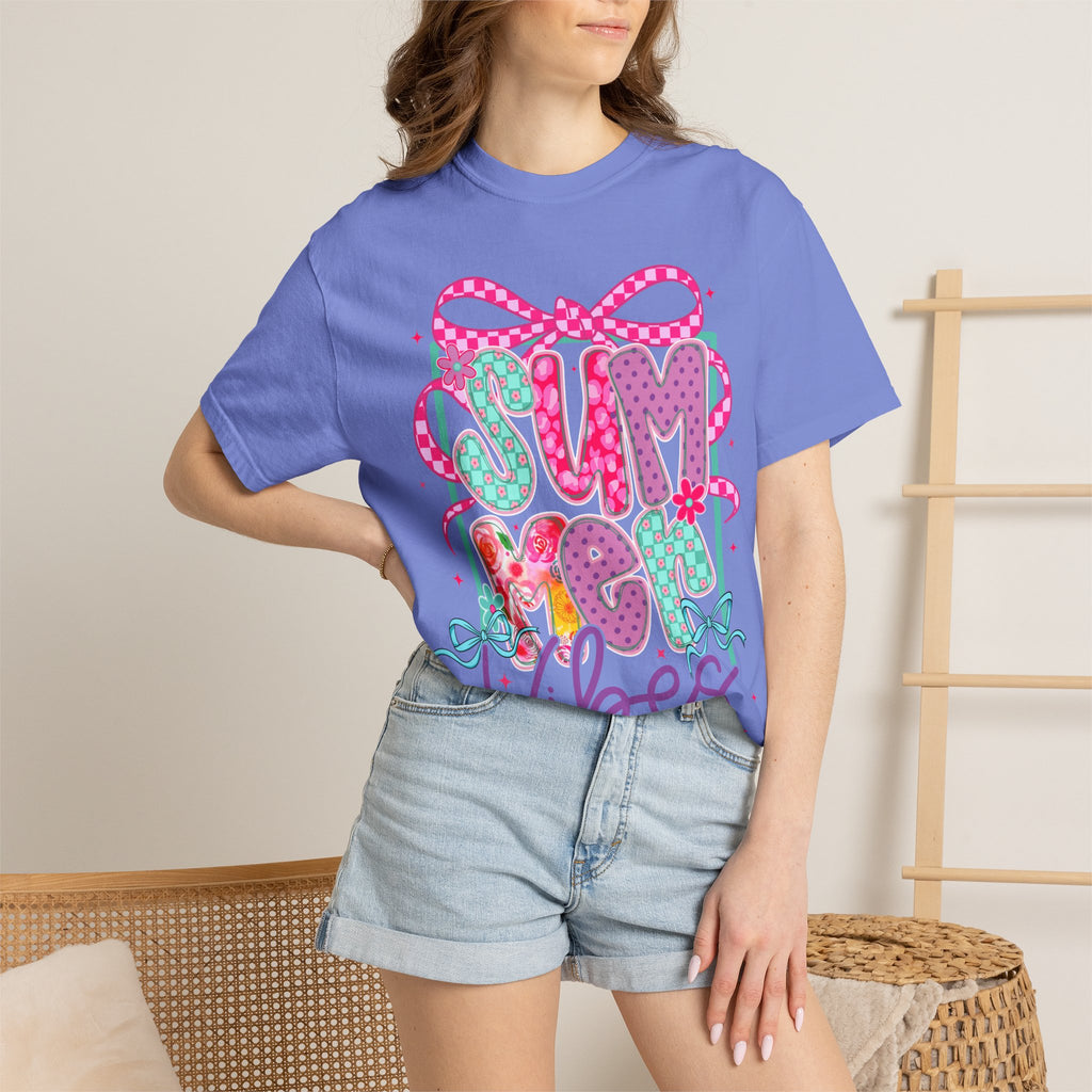Summertime Vibes T-shirt | Colorful Floral Lettering, Bow & Ribbons