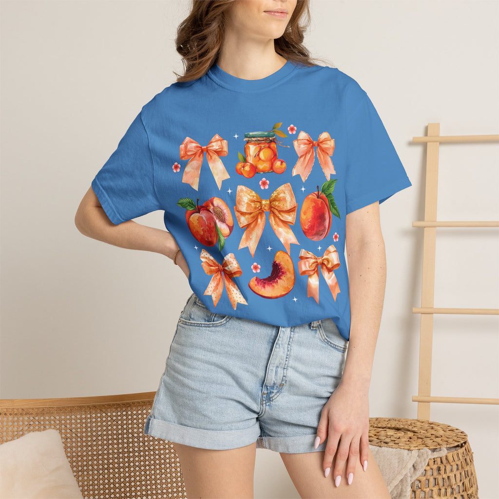 Peach & Bow Graphic T-Shirt — Watercolor Fruit Design