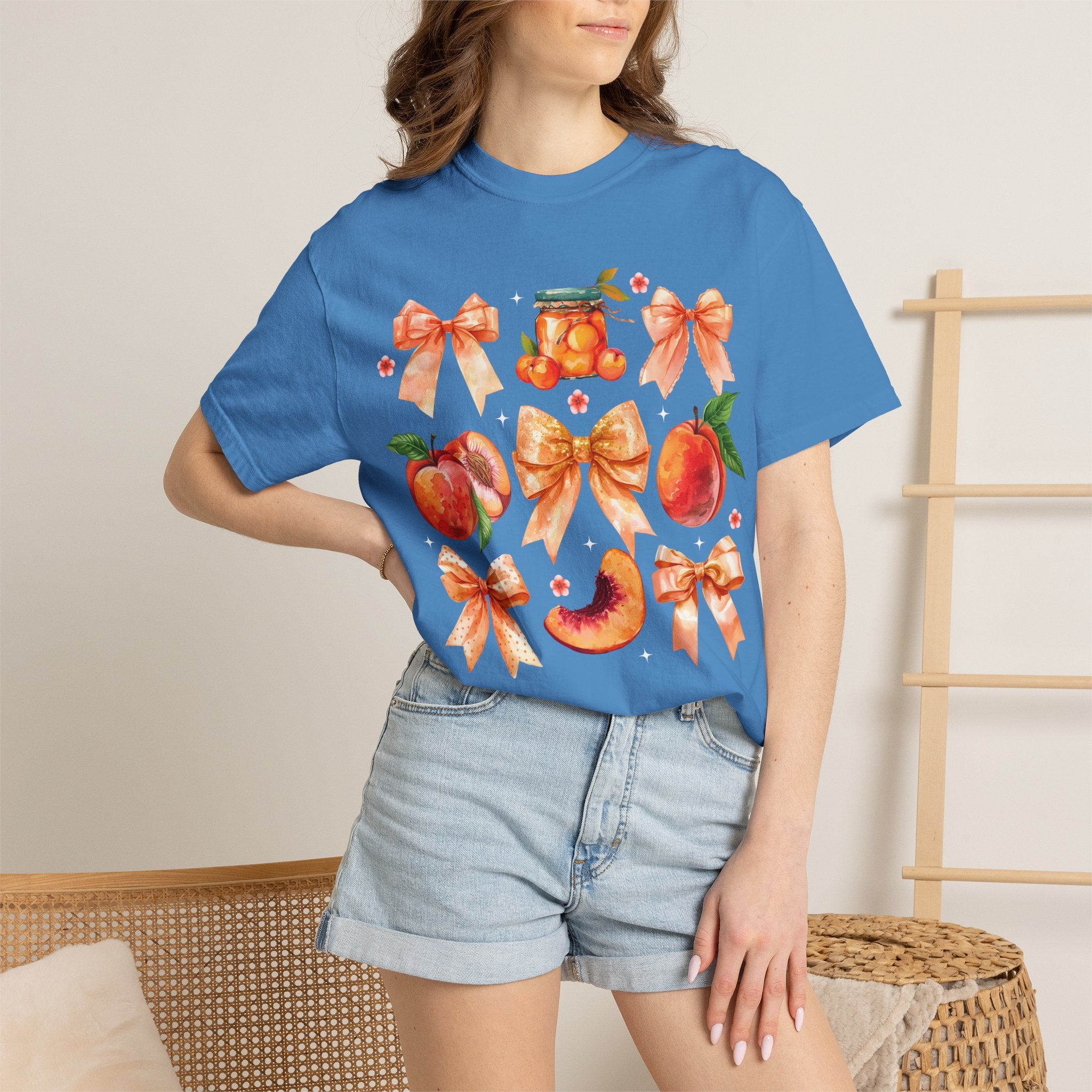 Peach & Bow Graphic T-Shirt — Watercolor Fruit Design