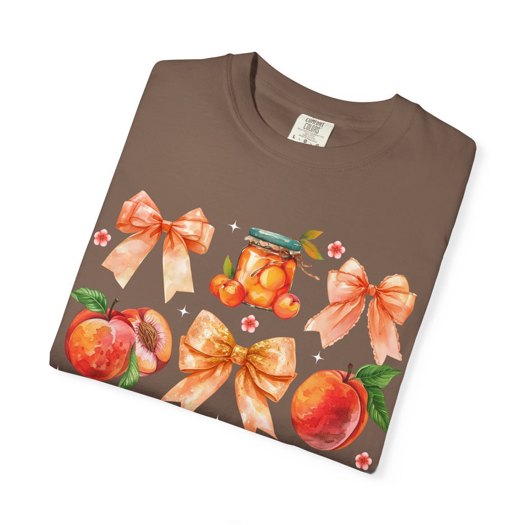 Peach & Bow Graphic T-Shirt — Watercolor Fruit Design