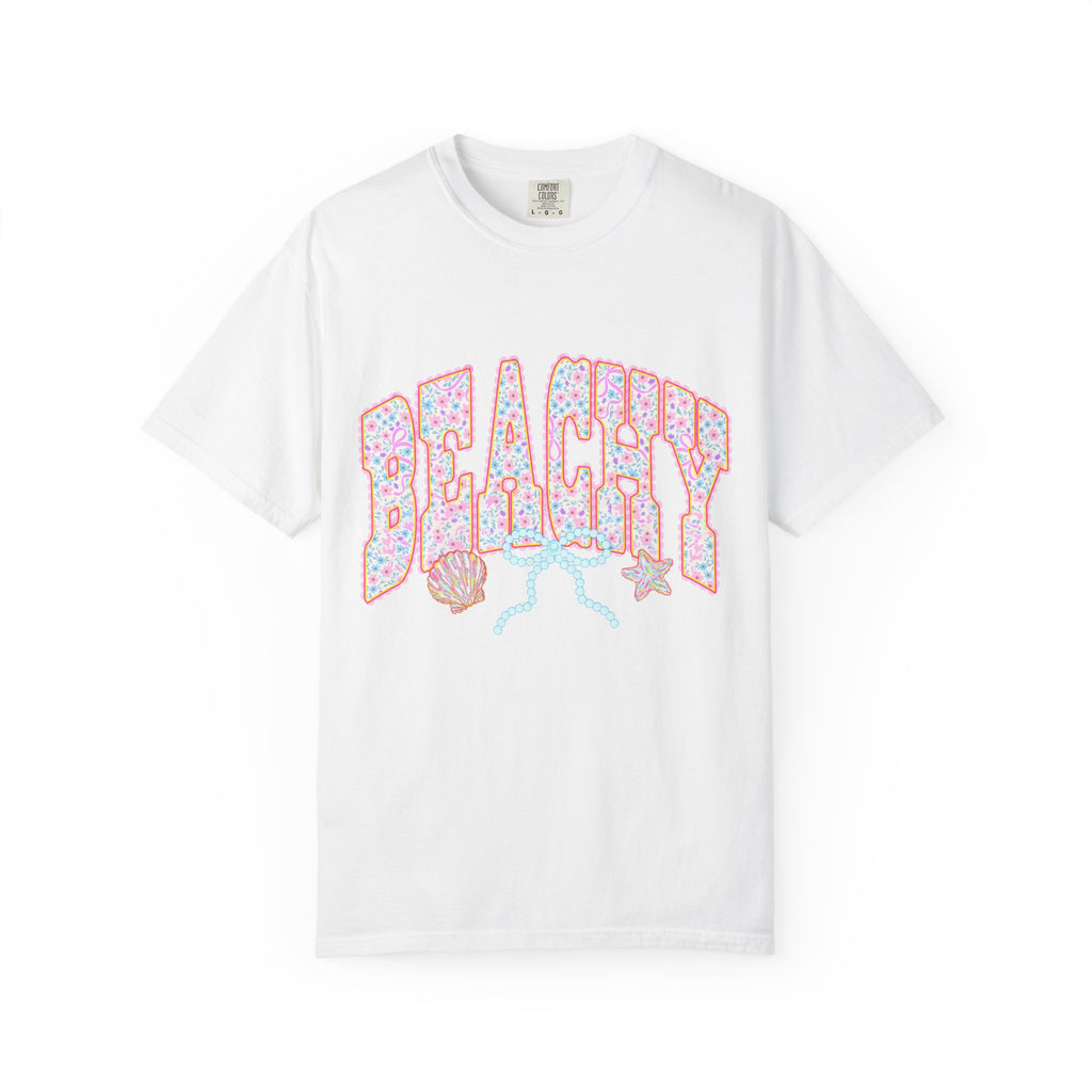 Beachy Floral Text T-Shirt | Seashells, Starfish, Pastel Retro Letters