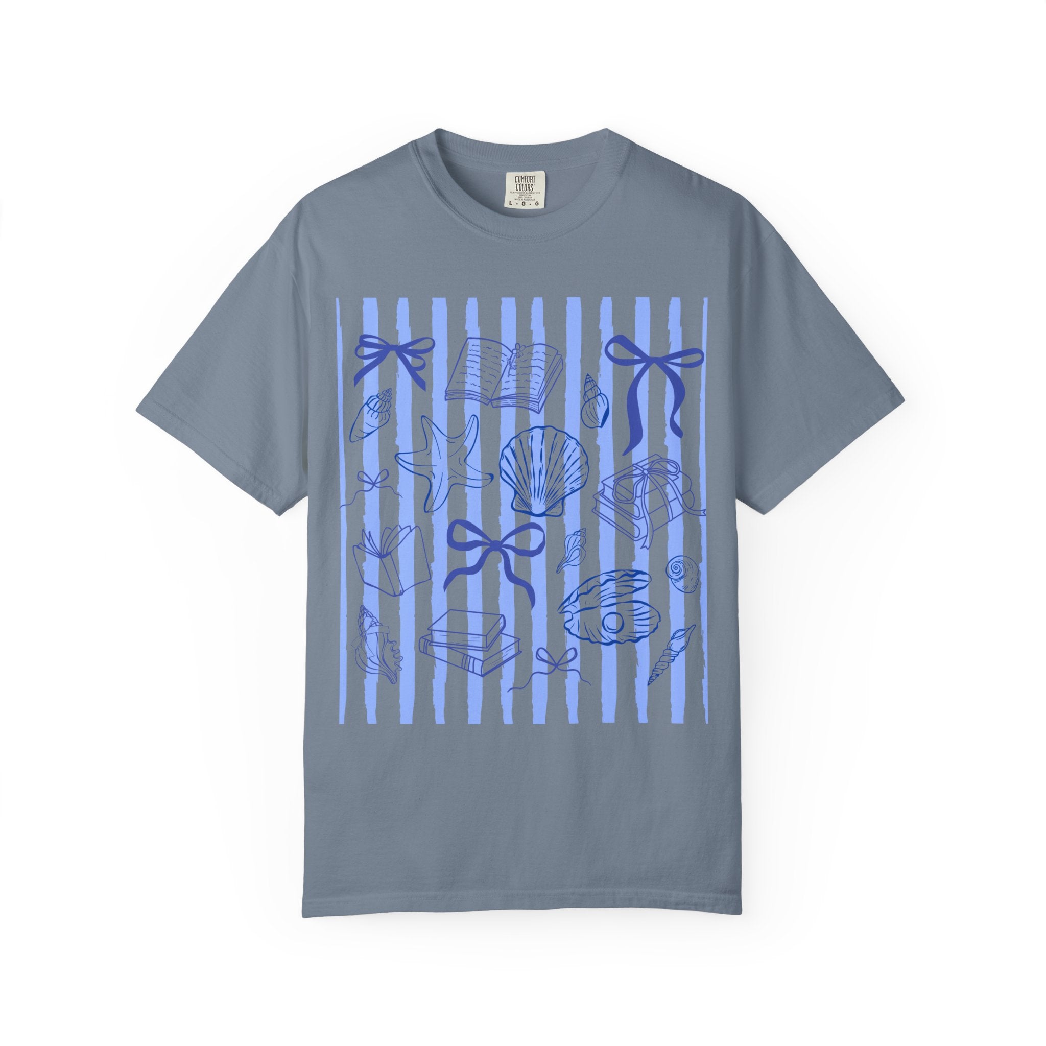 Nautical Seashell Stripe T-Shirt — Blue Bow & Shell Graphic