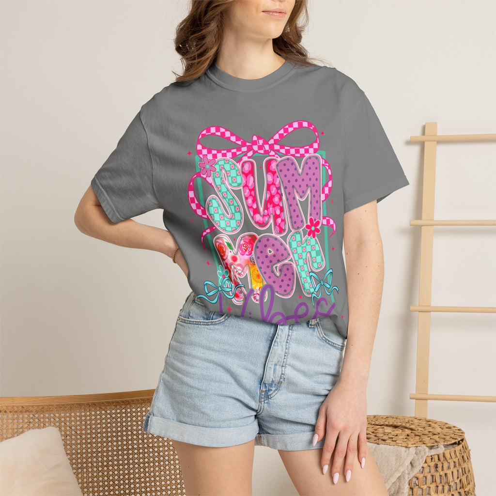Summertime Vibes T-shirt | Colorful Floral Lettering, Bow & Ribbons