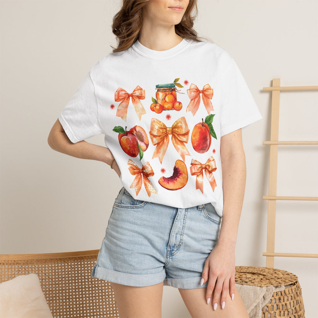 Peach & Bow Graphic T-Shirt — Watercolor Fruit Design