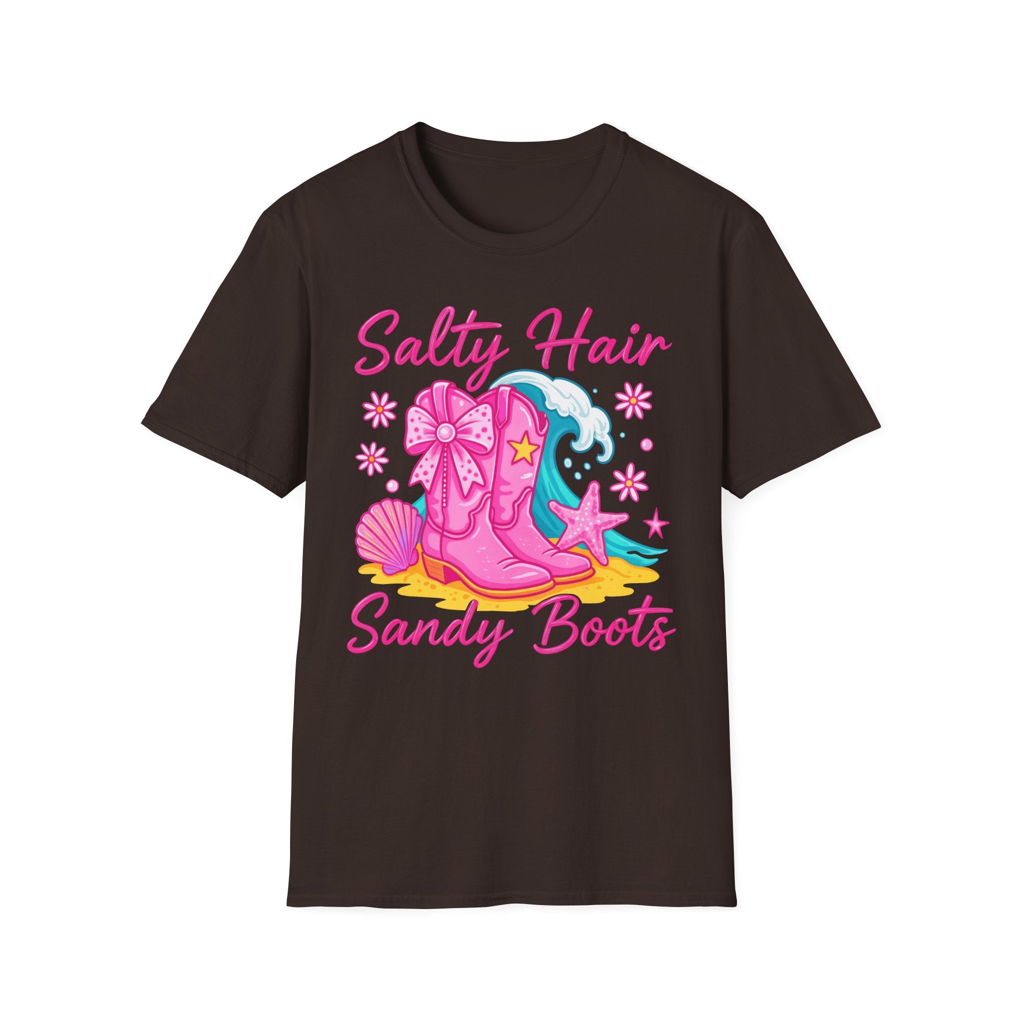 Salty Hair Sandy Boots T-Shirt | Pink Cowgirl Boots Beach Stars Seashells