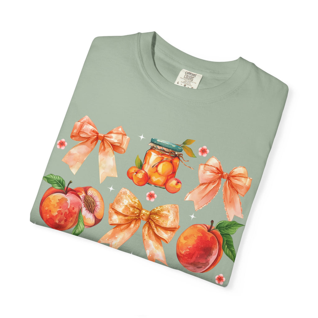 Peach & Bow Graphic T-Shirt — Watercolor Fruit Design
