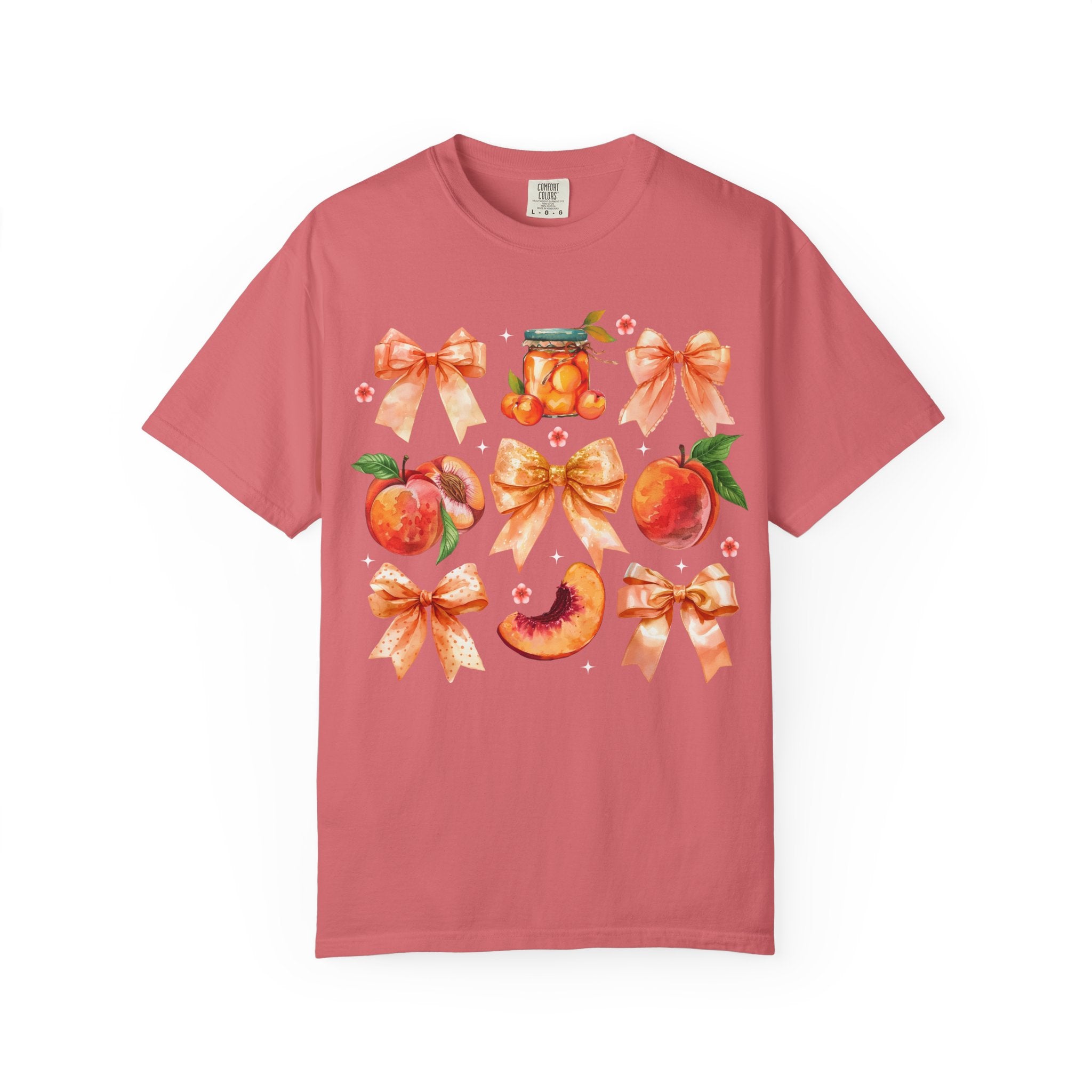 Peach & Bow Graphic T-Shirt — Watercolor Fruit Design