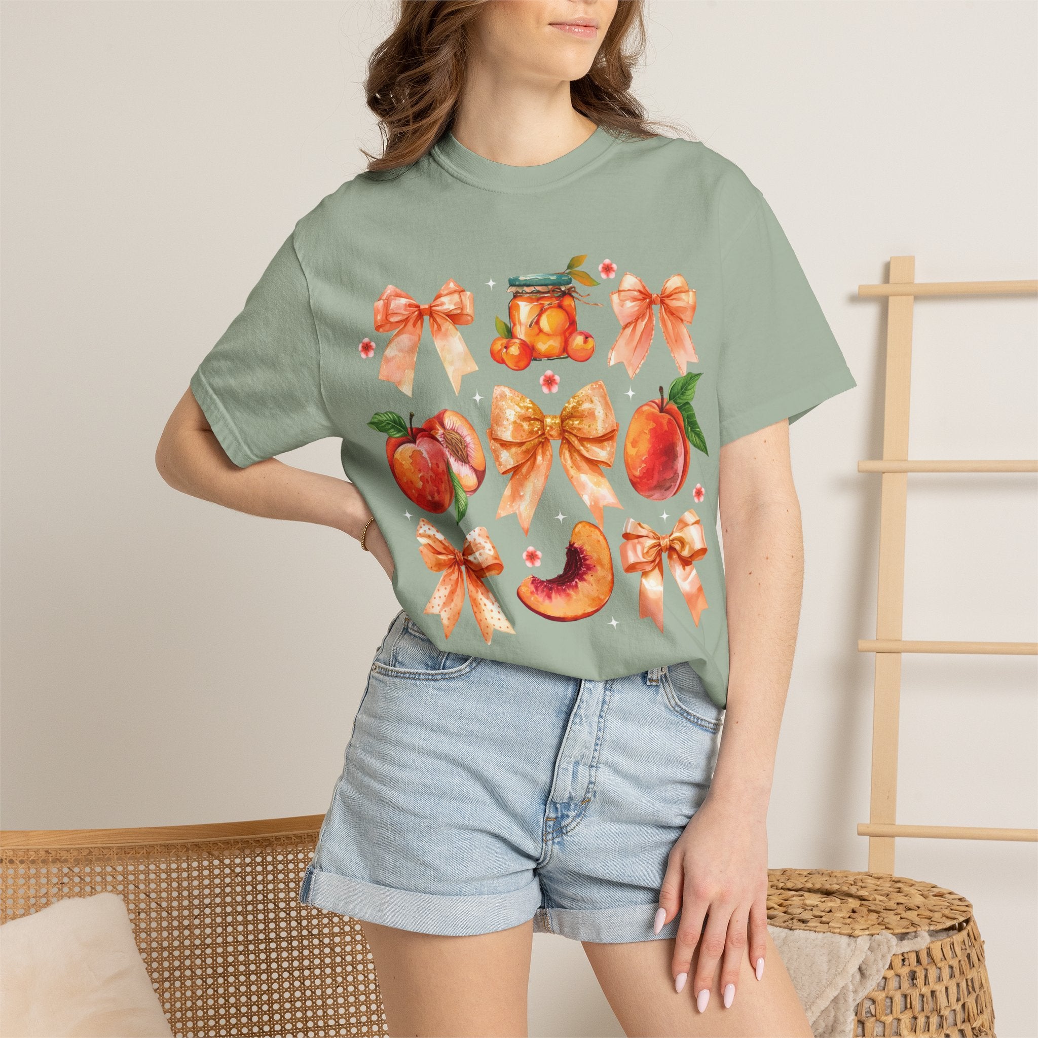 Peach & Bow Graphic T-Shirt — Watercolor Fruit Design