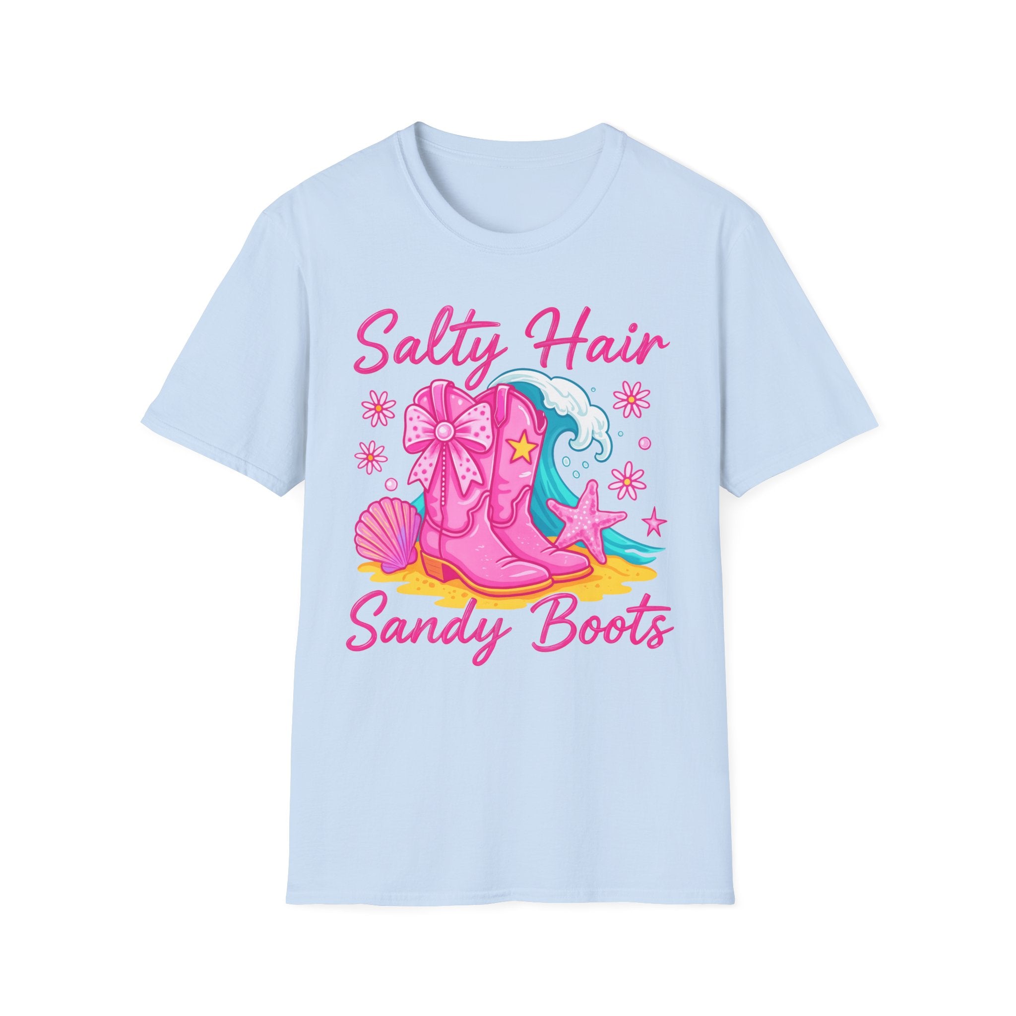 Salty Hair Sandy Boots T-Shirt | Pink Cowgirl Boots Beach Stars Seashells