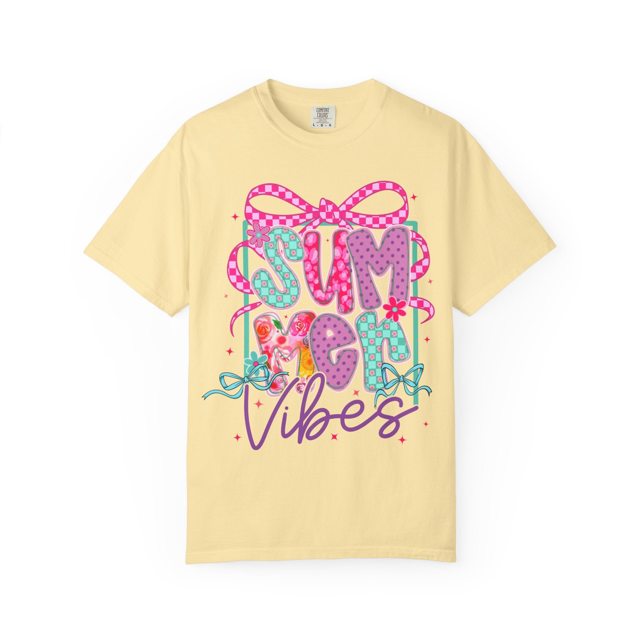 Summertime Vibes T-shirt | Colorful Floral Lettering, Bow & Ribbons