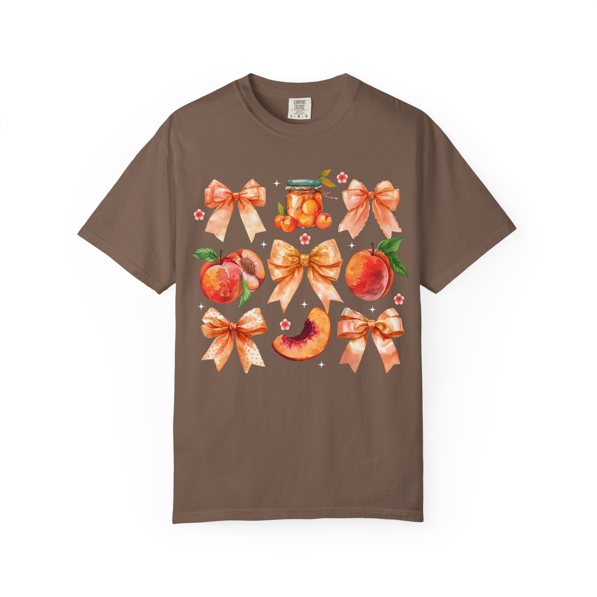 Peach & Bow Graphic T-Shirt — Watercolor Fruit Design