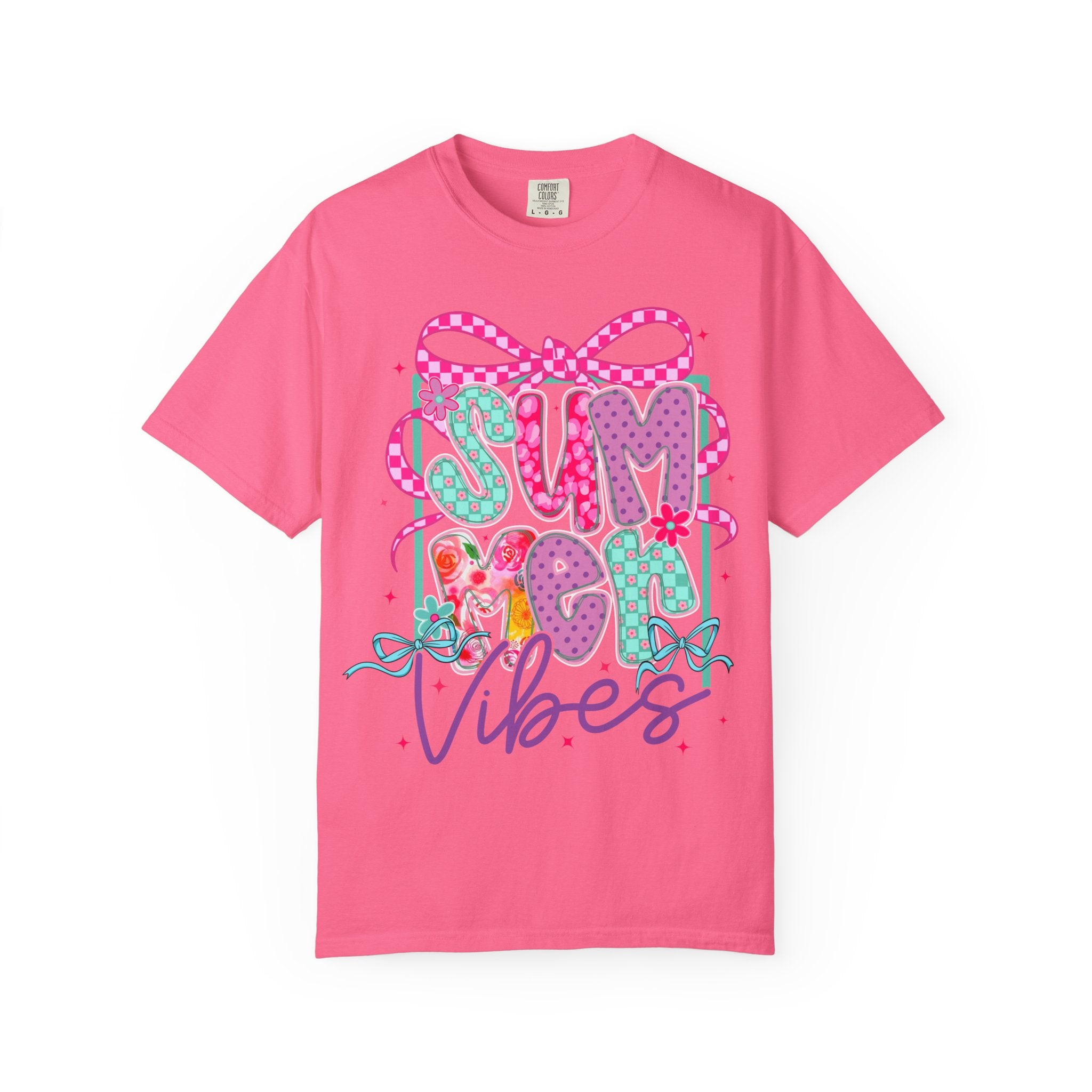 Summertime Vibes T-shirt | Colorful Floral Lettering, Bow & Ribbons