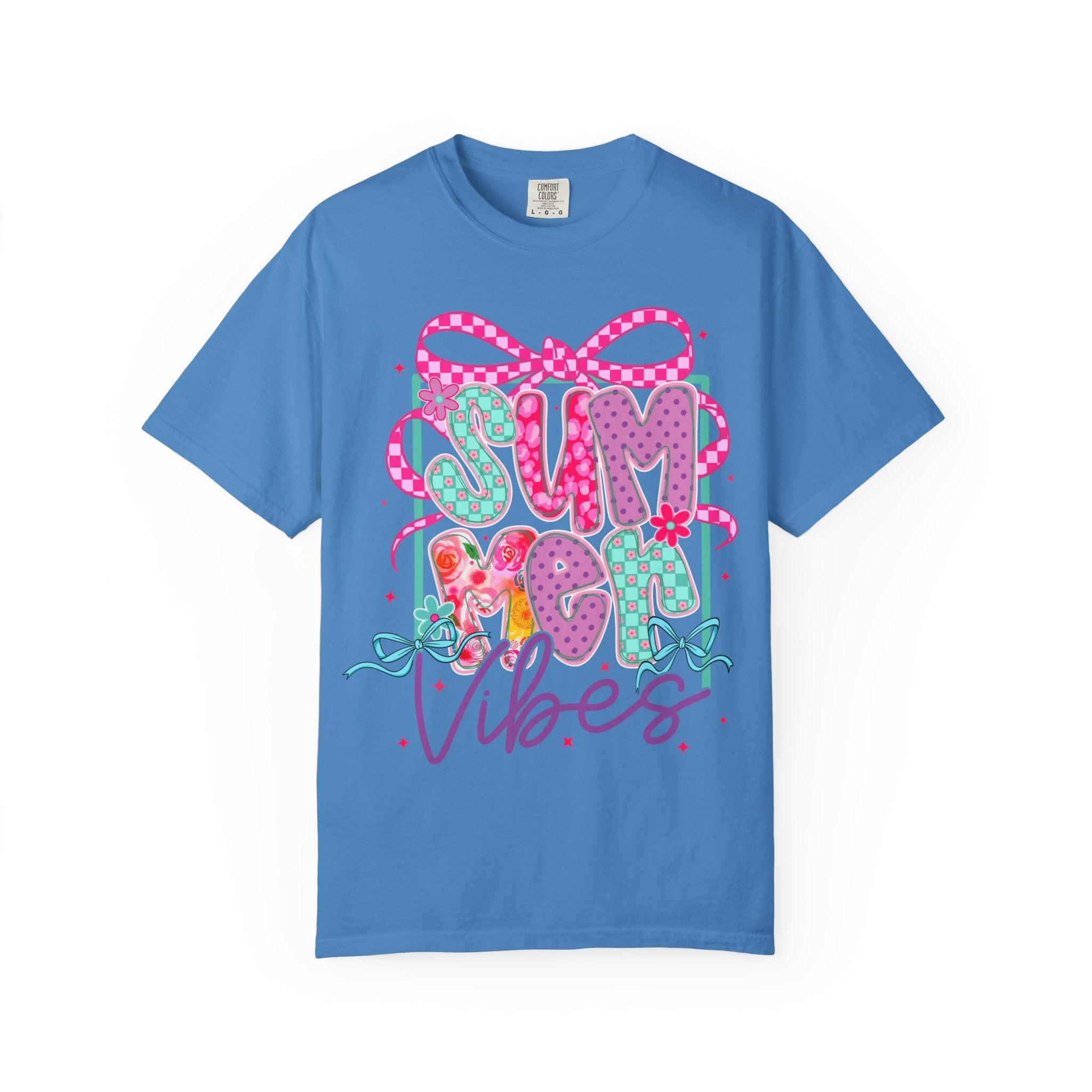 Summertime Vibes T-shirt | Colorful Floral Lettering, Bow & Ribbons
