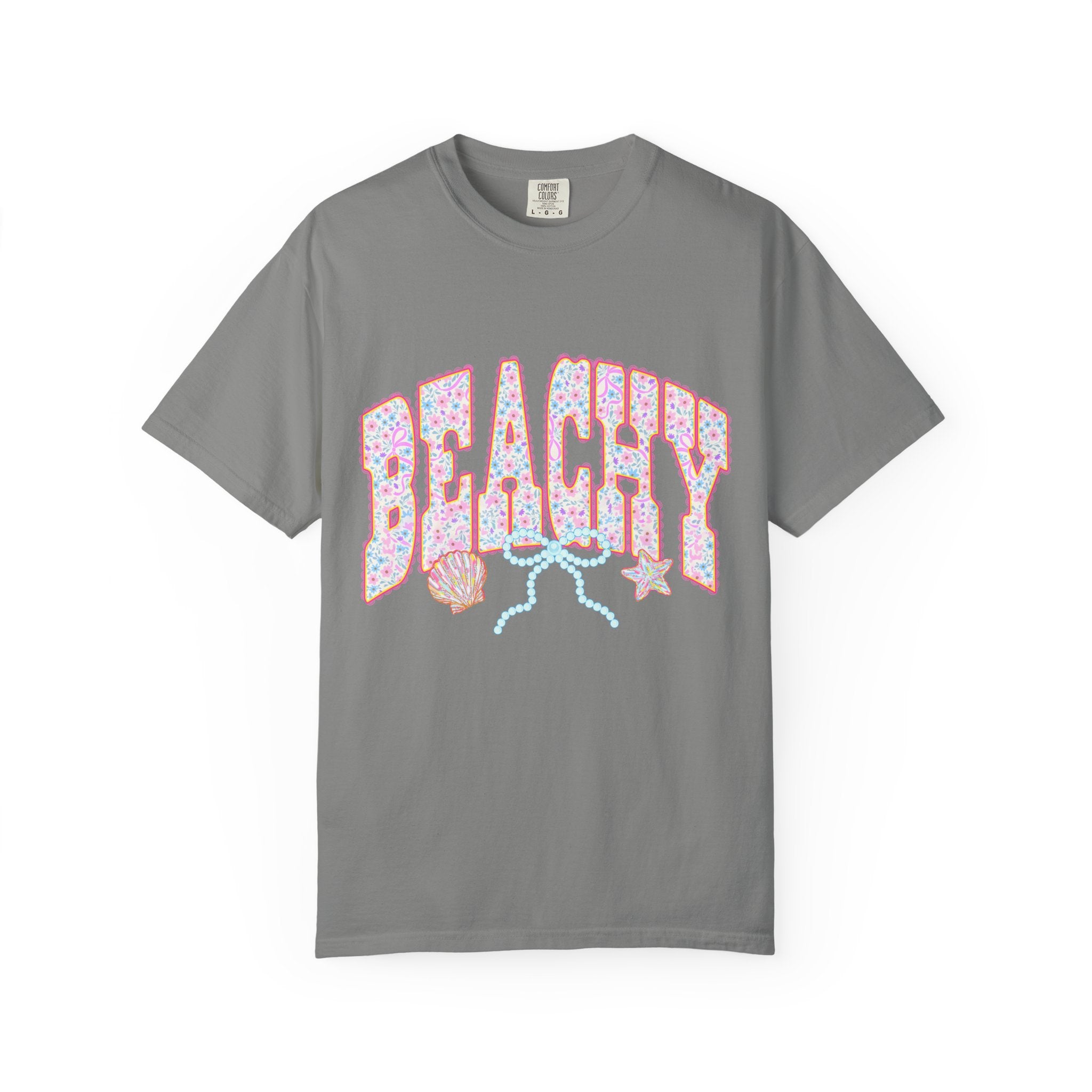 Beachy Floral Text T-Shirt | Seashells, Starfish, Pastel Retro Letters