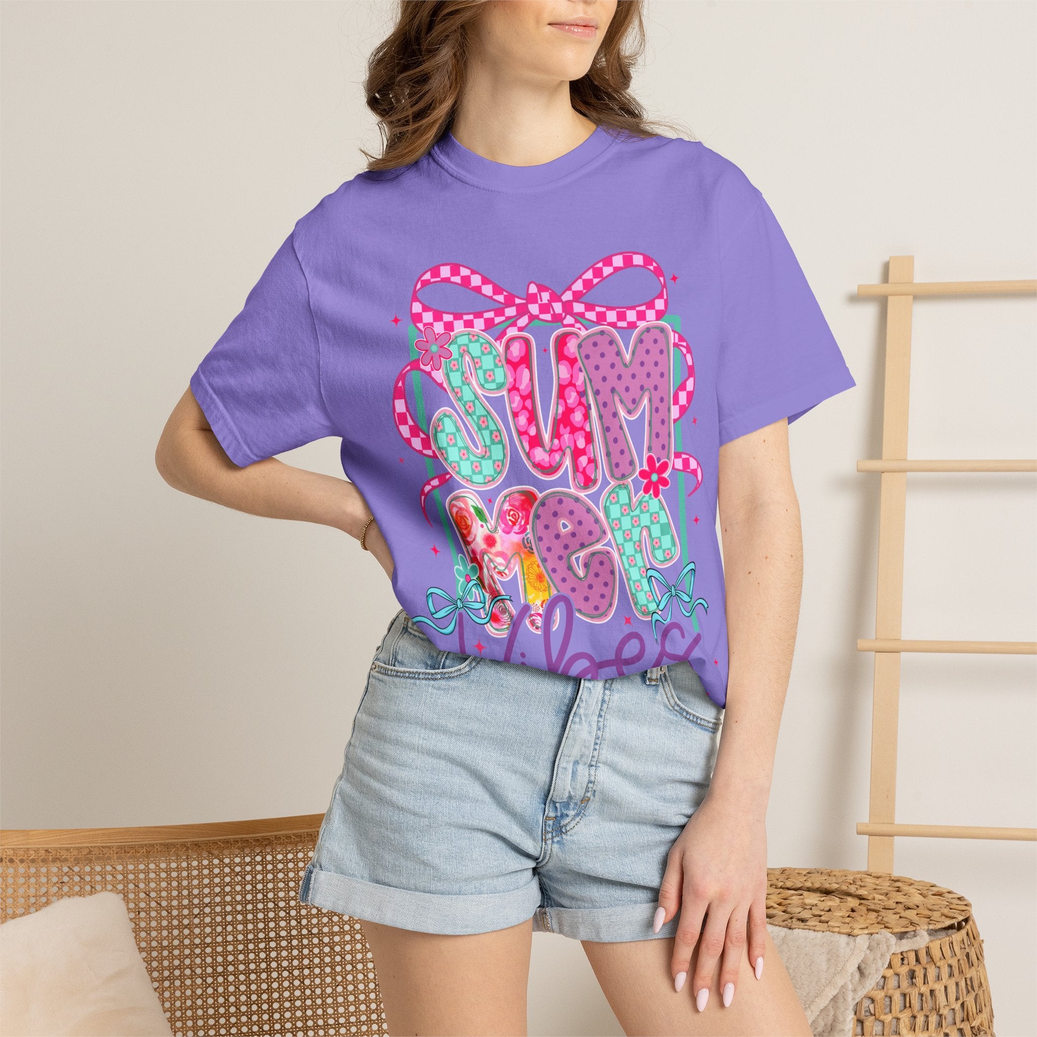 Summertime Vibes T-shirt | Colorful Floral Lettering, Bow & Ribbons
