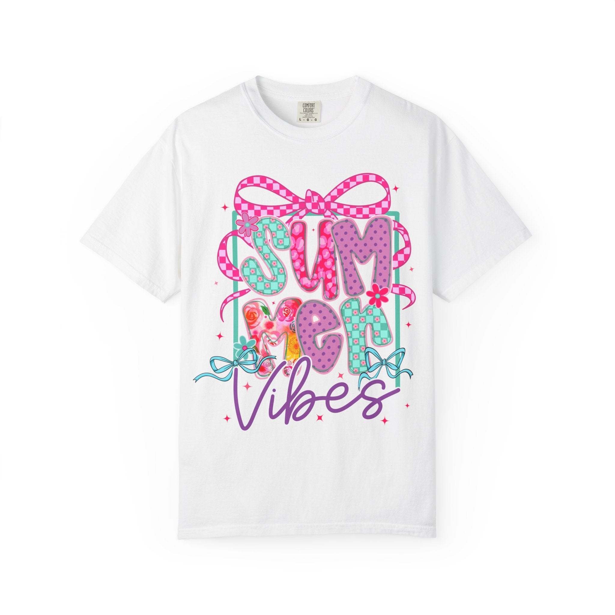 Summertime Vibes T-shirt | Colorful Floral Lettering, Bow & Ribbons