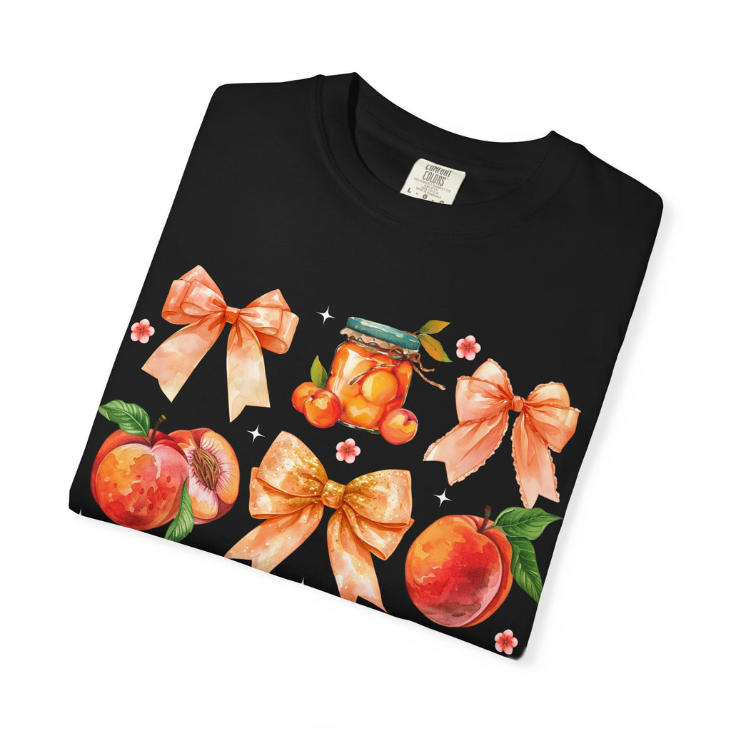 Peach & Bow Graphic T-Shirt — Watercolor Fruit Design