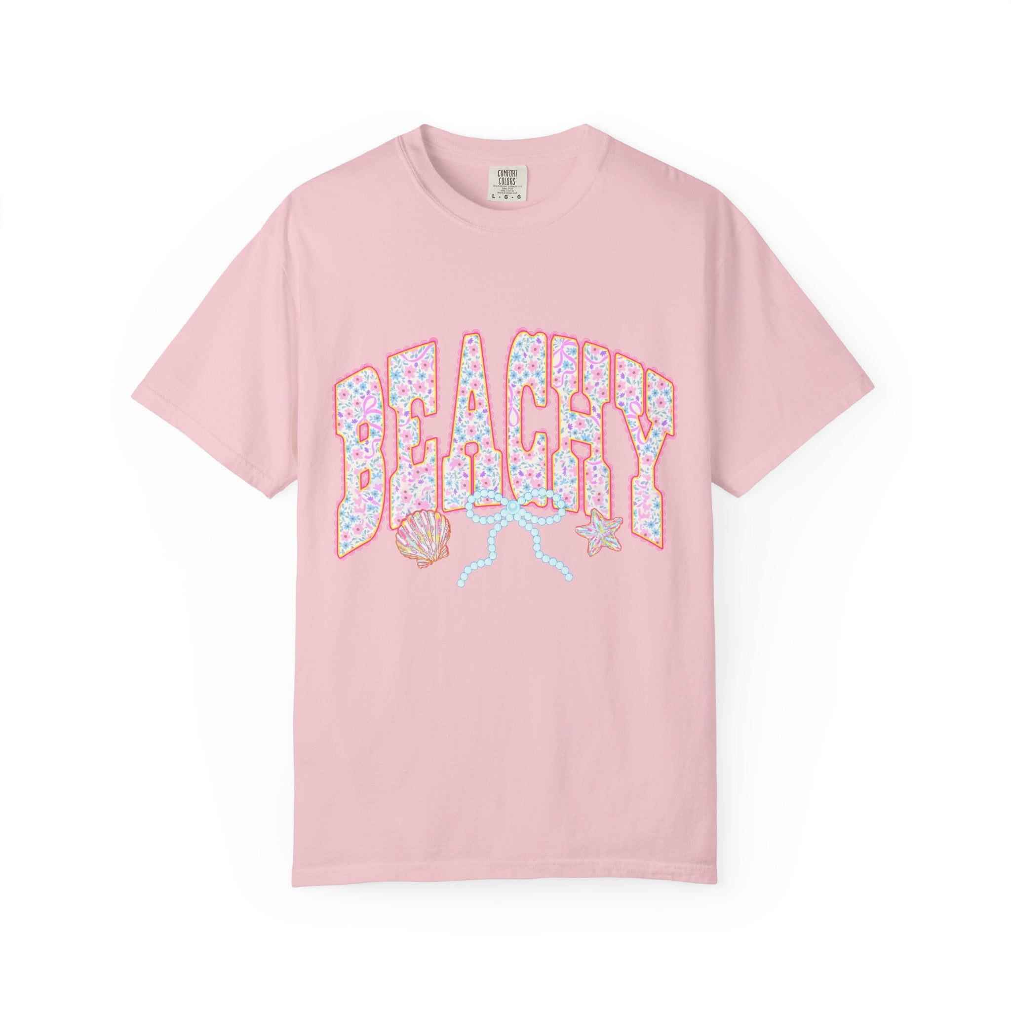 Beachy Floral Text T-Shirt | Seashells, Starfish, Pastel Retro Letters