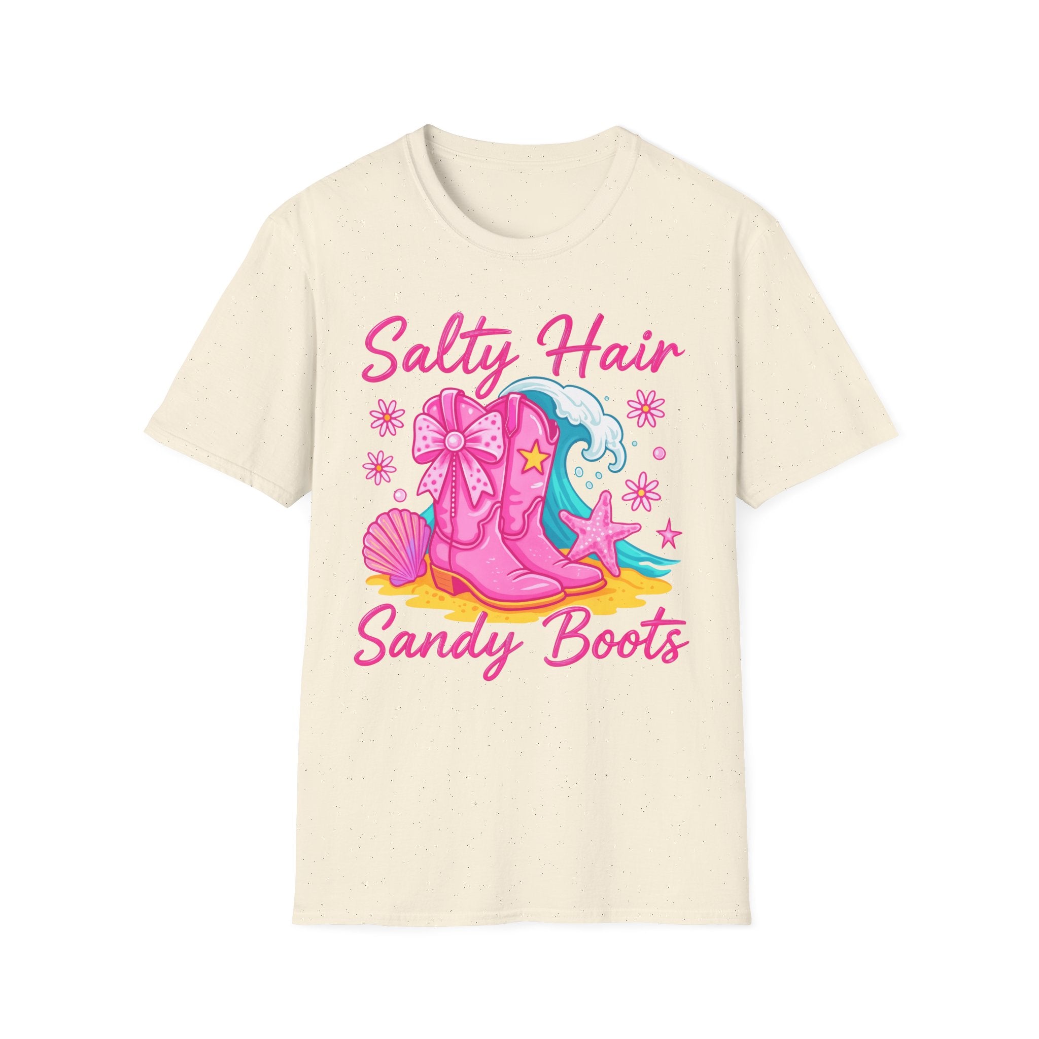 Salty Hair Sandy Boots T-Shirt | Pink Cowgirl Boots Beach Stars Seashells