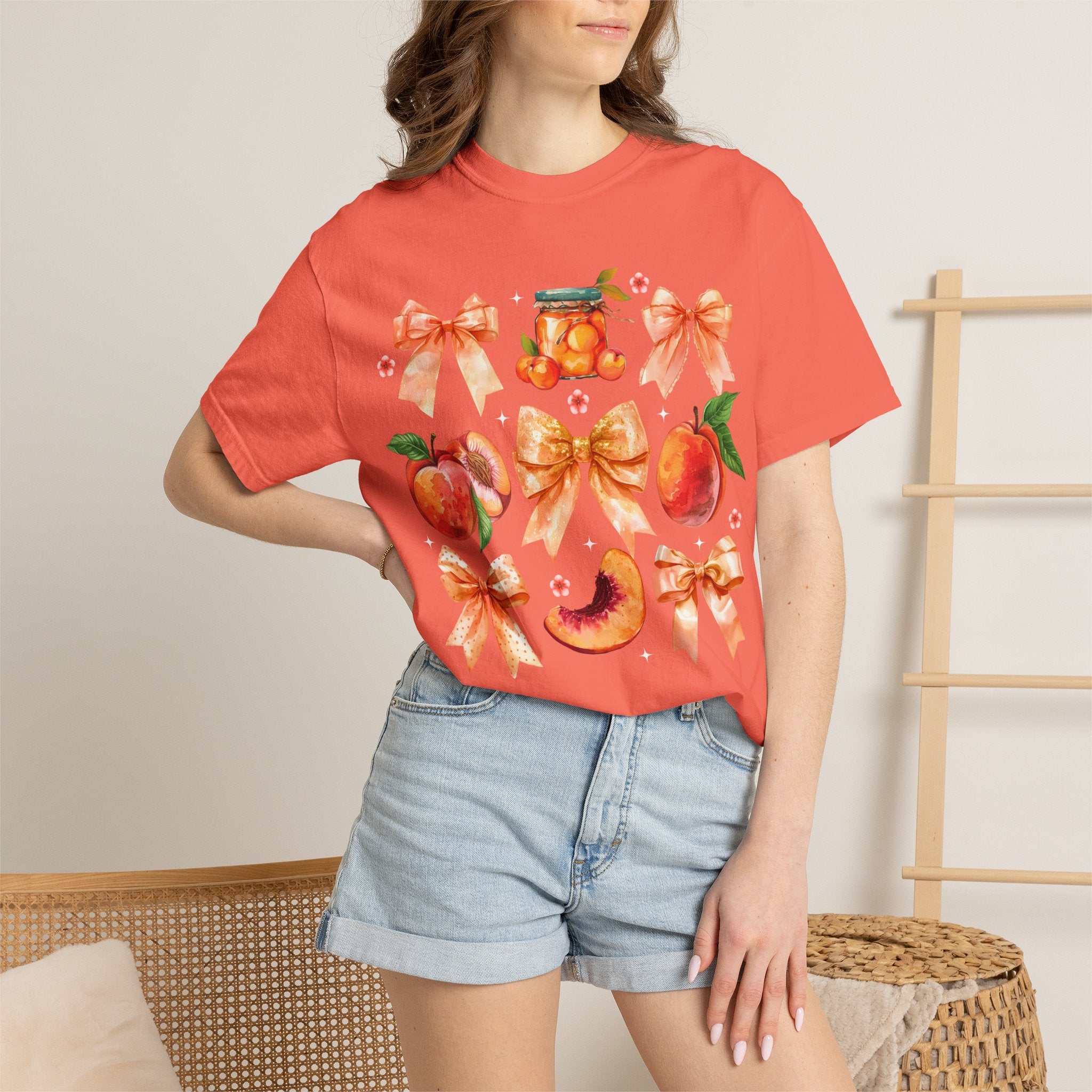 Peach & Bow Graphic T-Shirt — Watercolor Fruit Design