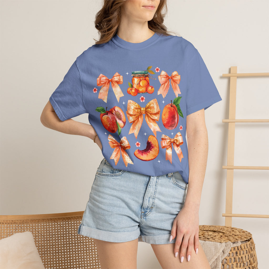 Peach & Bow Graphic T-Shirt — Watercolor Fruit Design