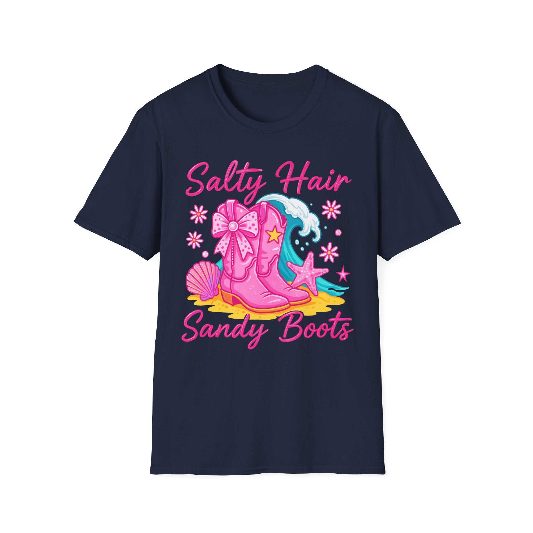 Salty Hair Sandy Boots T-Shirt | Pink Cowgirl Boots Beach Stars Seashells